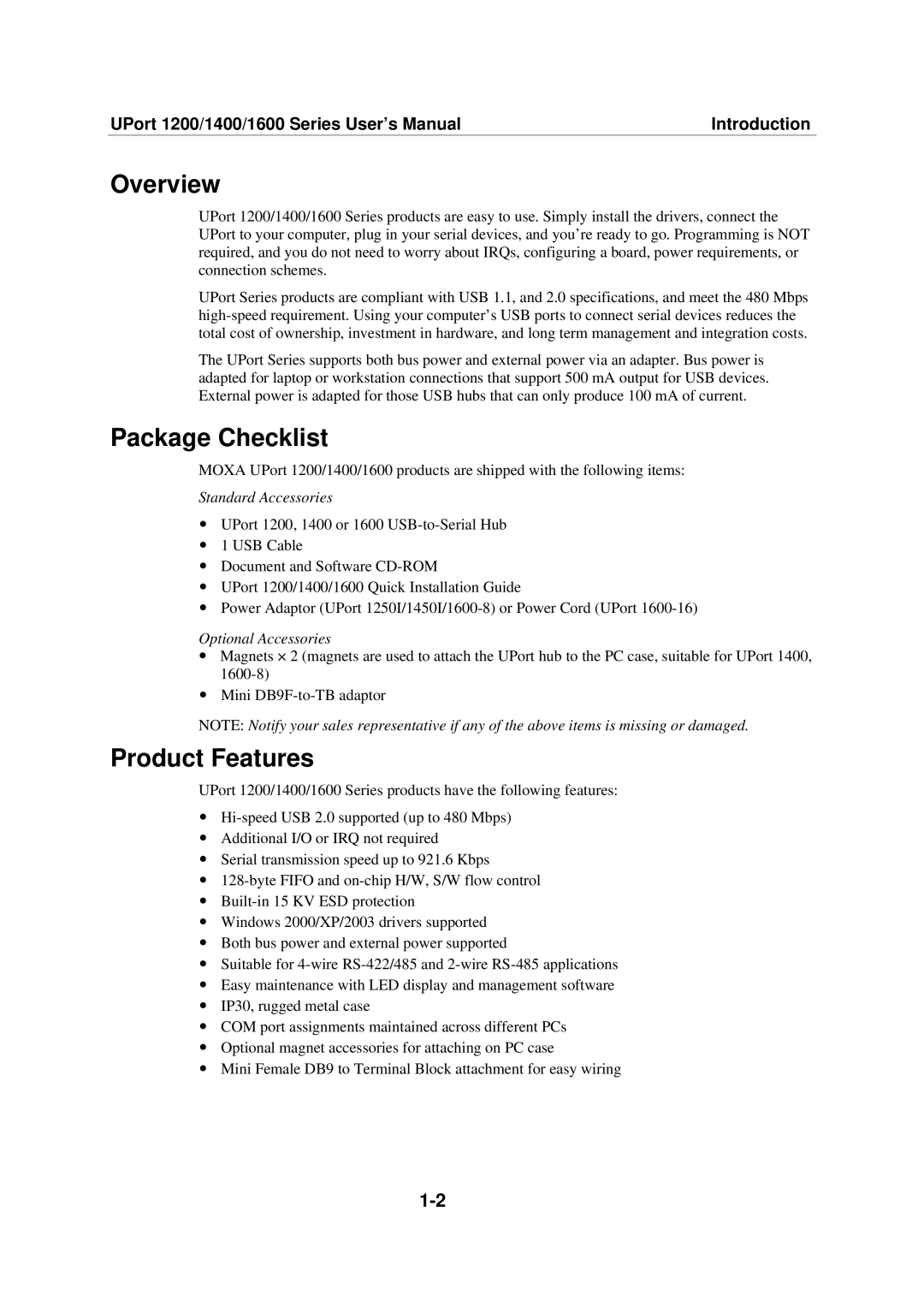 Moxa Technologies 1200, 1600, 1400 user manual Overview, Package Checklist, Product Features 