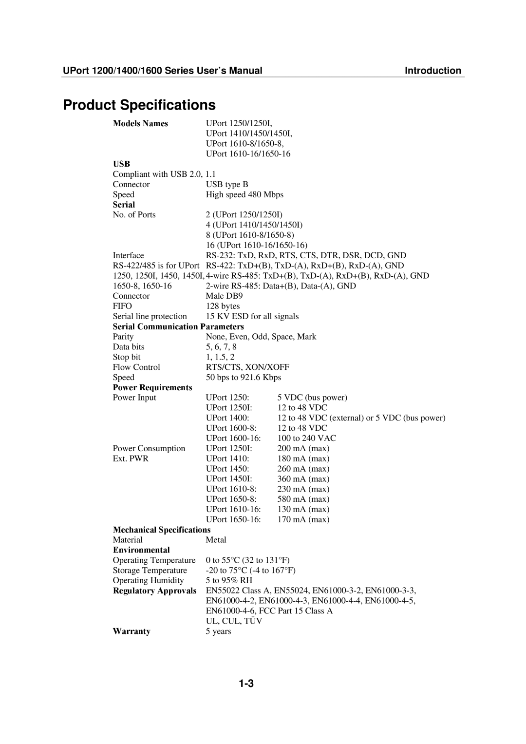 Moxa Technologies 1600, 1400, 1200 user manual Product Specifications, Usb 