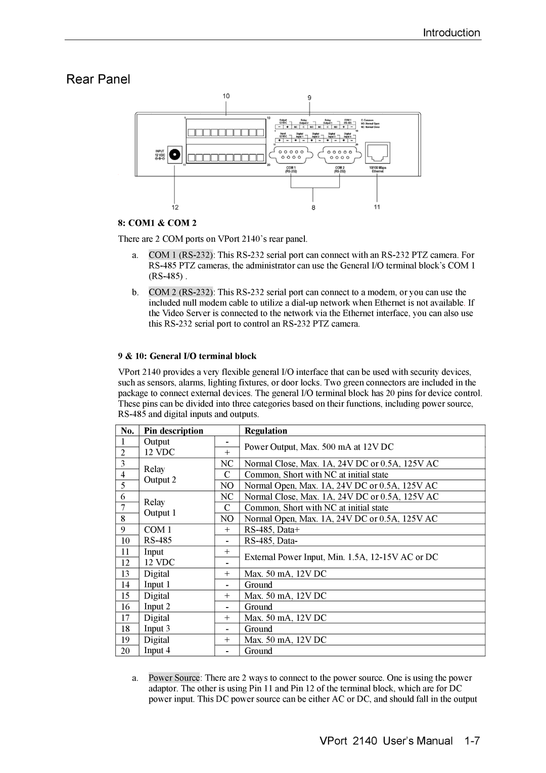 Moxa Technologies 2140 user manual Rear Panel, COM1 & COM, General I/O terminal block, Pin description Regulation 