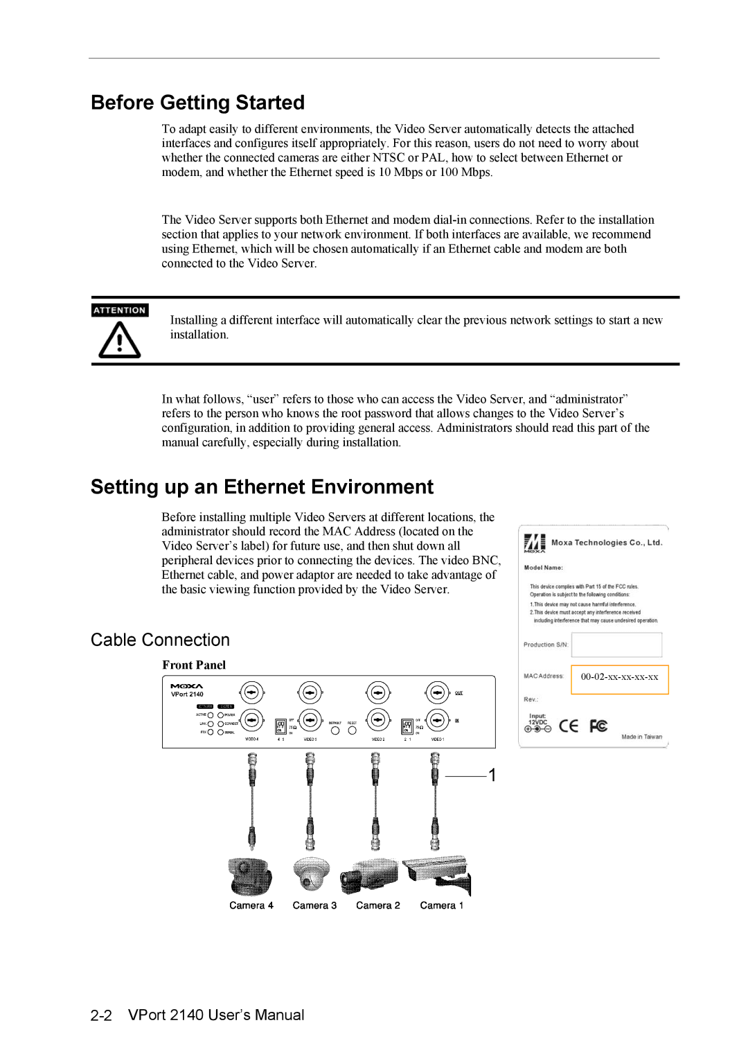 Moxa Technologies 2140 Before Getting Started, Setting up an Ethernet Environment, Cable Connection, Front Panel 