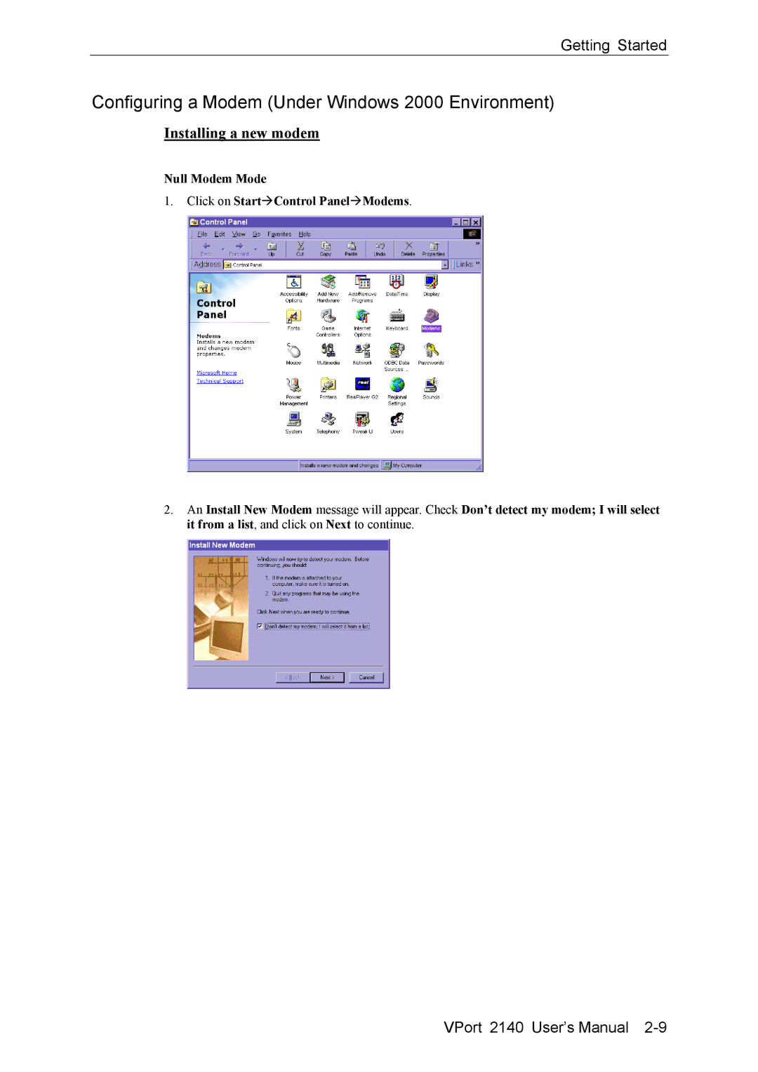 Moxa Technologies 2140 user manual Configuring a Modem Under Windows 2000 Environment, Installing a new modem 