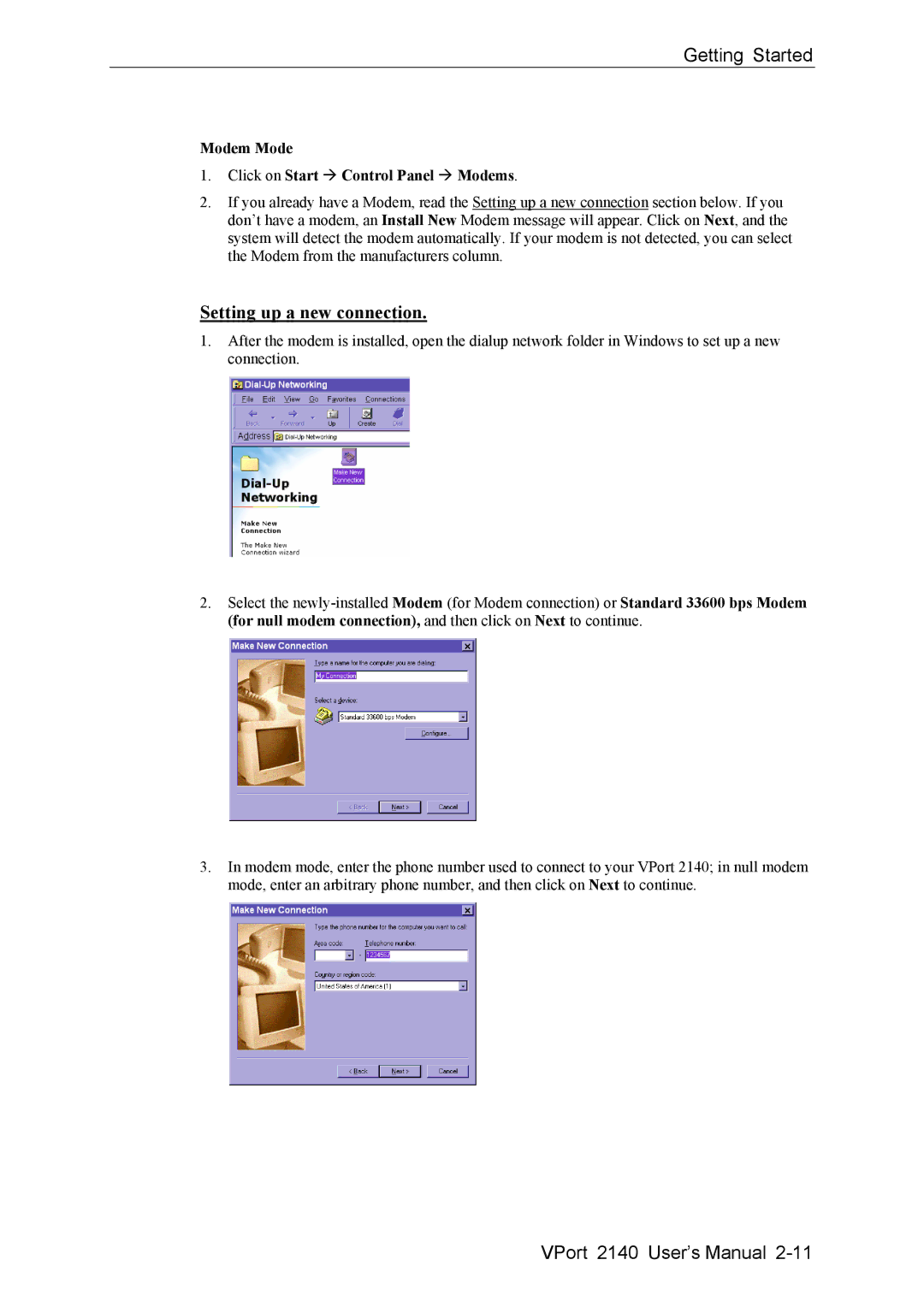 Moxa Technologies 2140 user manual Setting up a new connection, Modem Mode Click on Start Control Panel Modems 