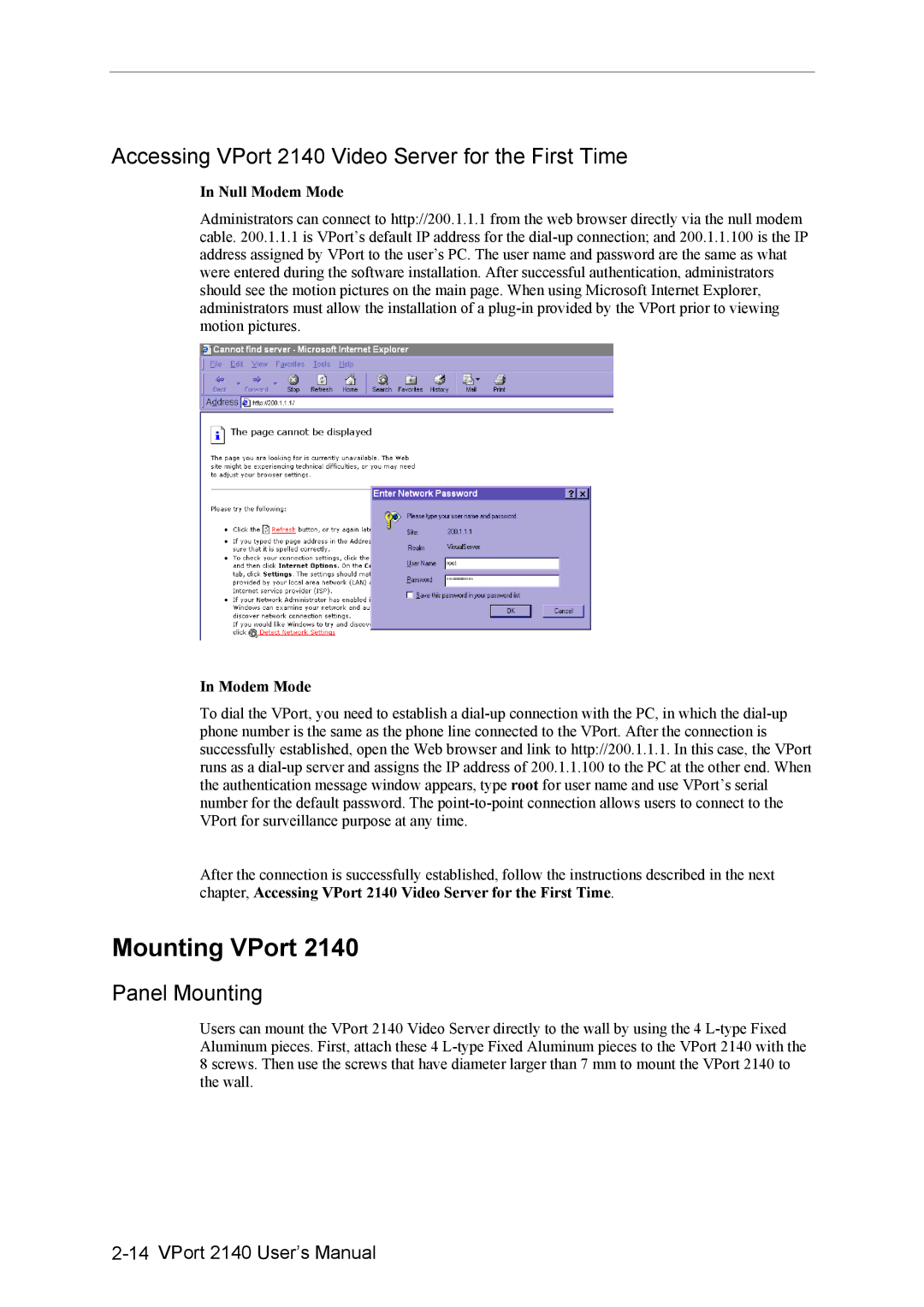 Moxa Technologies 2140 user manual Mounting VPort, Panel Mounting, Null Modem Mode 