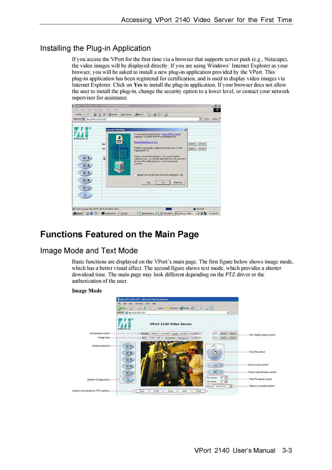 Moxa Technologies 2140 Functions Featured on the Main, Installing the Plug-in Application, Image Mode and Text Mode 