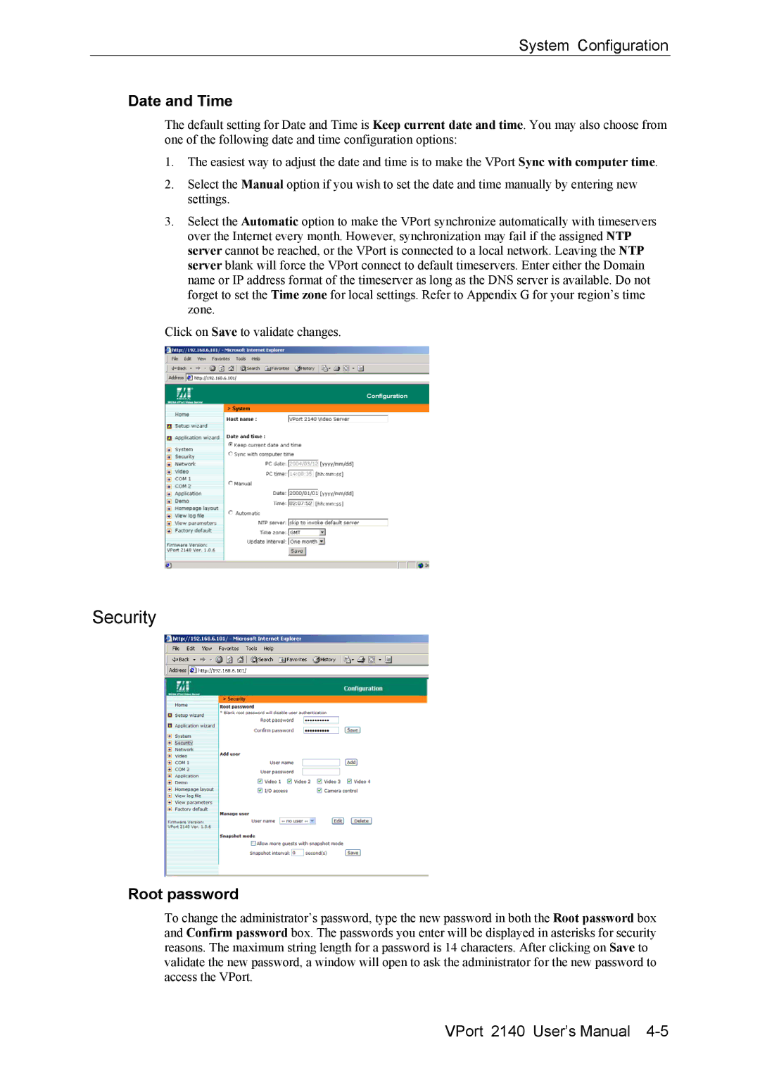 Moxa Technologies 2140 user manual Security, Date and Time, Root password 