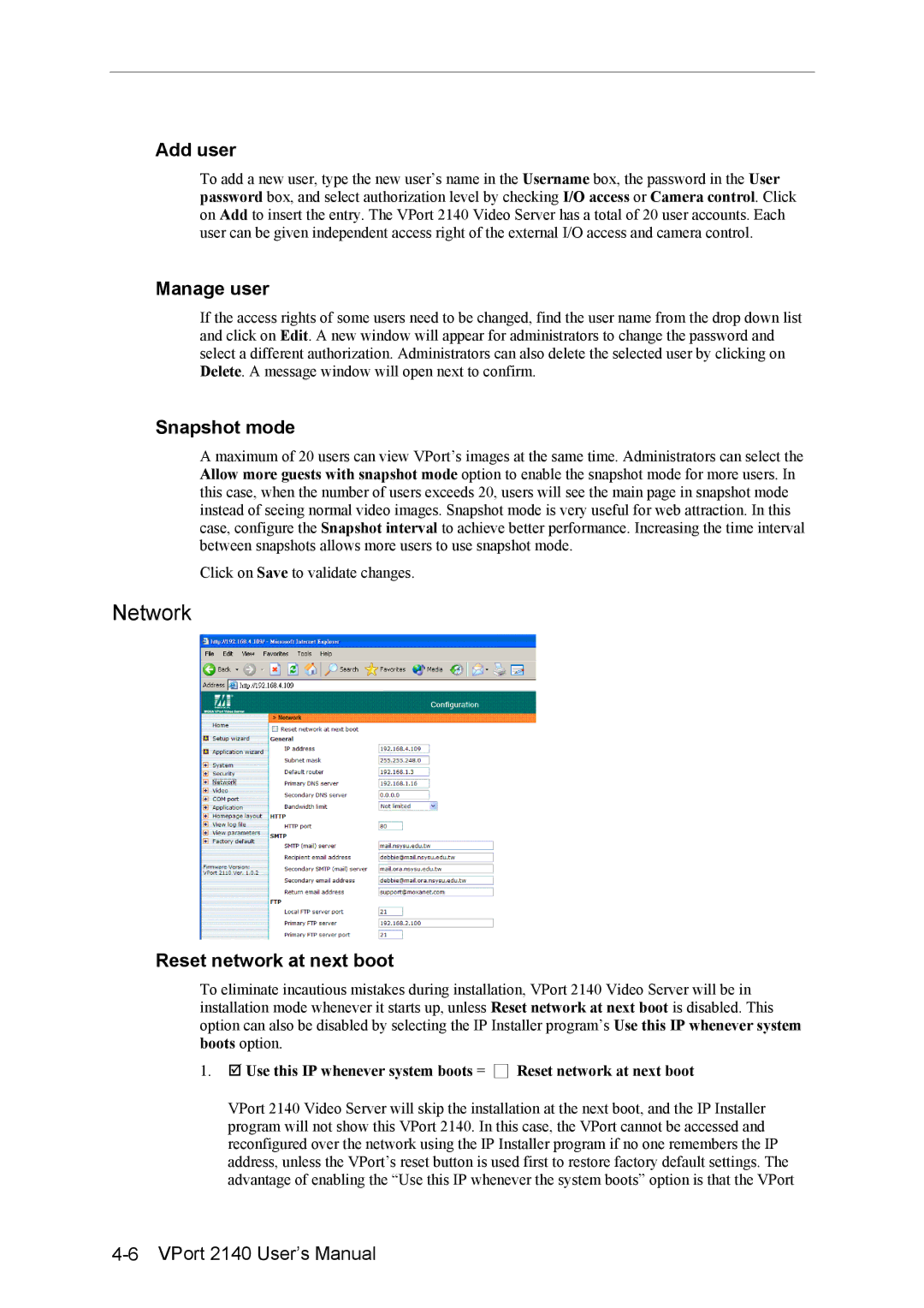 Moxa Technologies 2140 user manual Network, Add user, Manage user, Snapshot mode, Reset network at next boot 