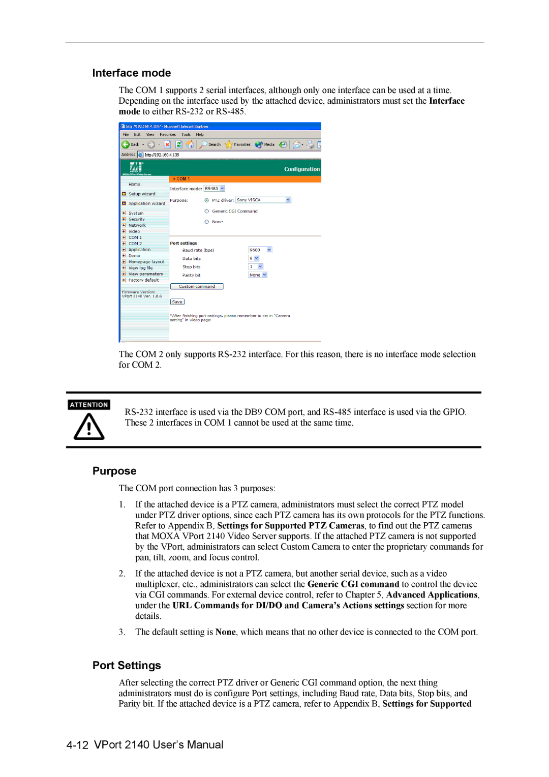 Moxa Technologies 2140 user manual Interface mode, Purpose, Port Settings 