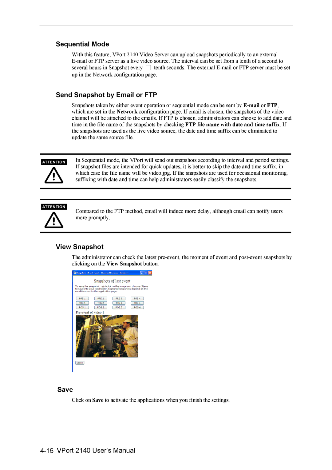 Moxa Technologies 2140 user manual Sequential Mode, Send Snapshot by Email or FTP, View Snapshot, Save 