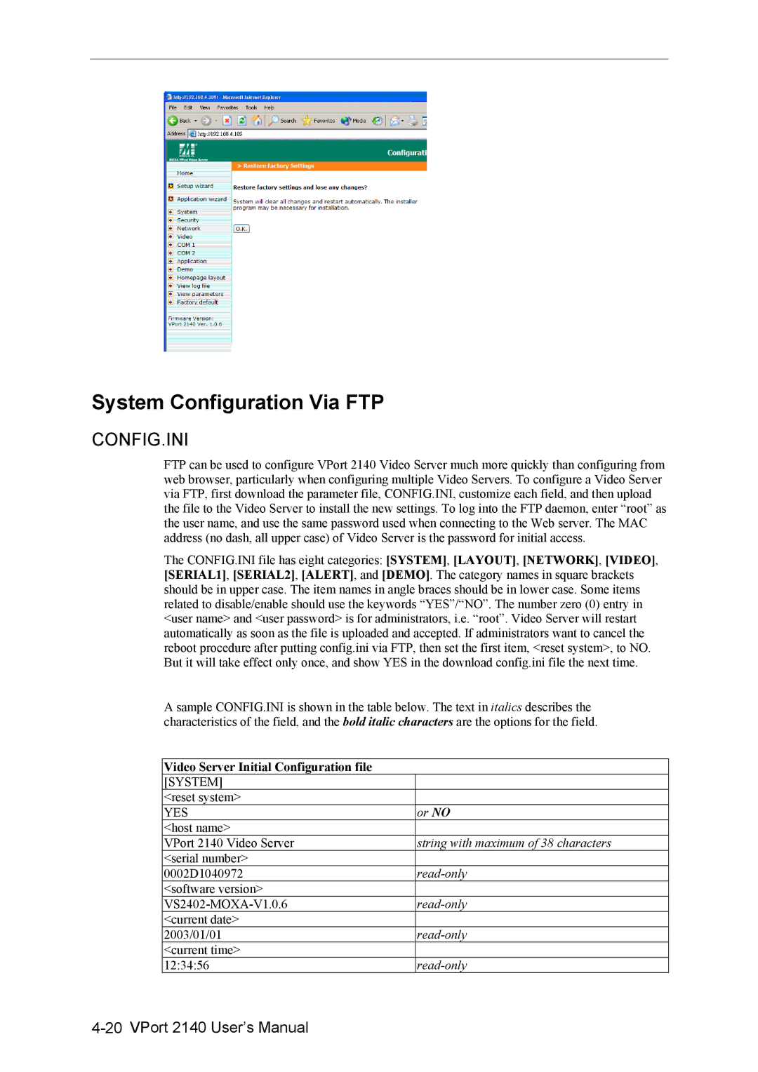 Moxa Technologies 2140 user manual System Configuration Via FTP, Video Server Initial Configuration file 