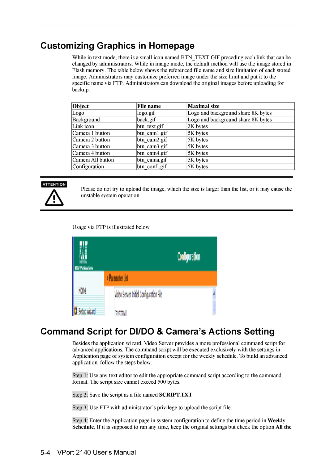 Moxa Technologies 2140 user manual Customizing Graphics in Homepage, Command Script for DI/DO & Camera’s Actions Setting 
