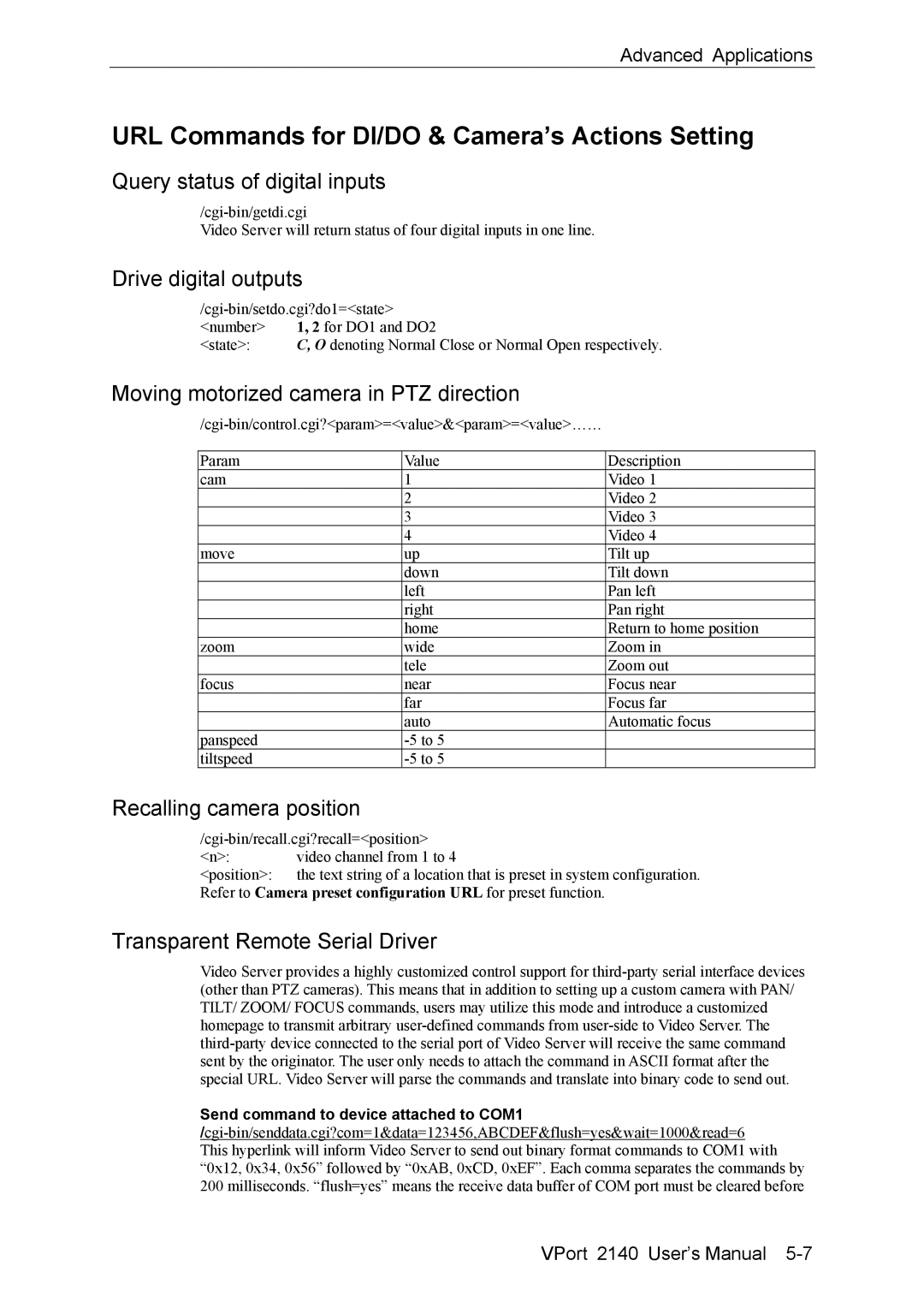 Moxa Technologies 2140 URL Commands for DI/DO & Camera’s Actions Setting, Drive digital outputs, Recalling camera position 