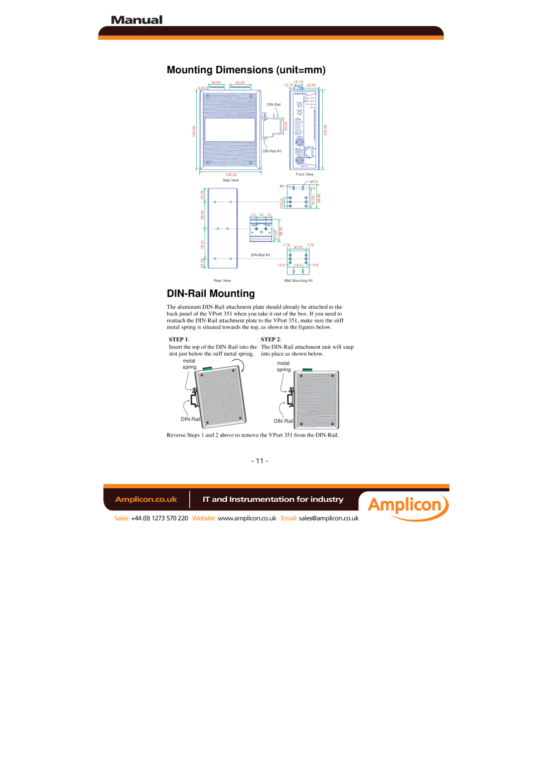 Moxa Technologies 351 manual Mounting Dimensions unit=mm, DIN-Rail Mounting 