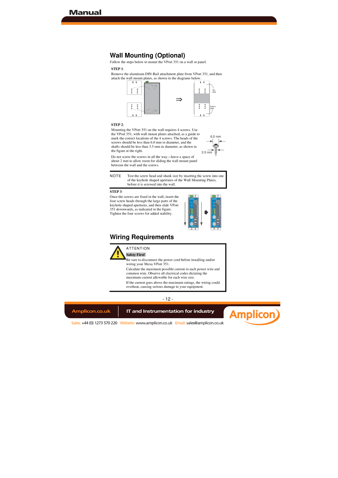 Moxa Technologies 351 manual Wall Mounting Optional, Wiring Requirements, Safety First 