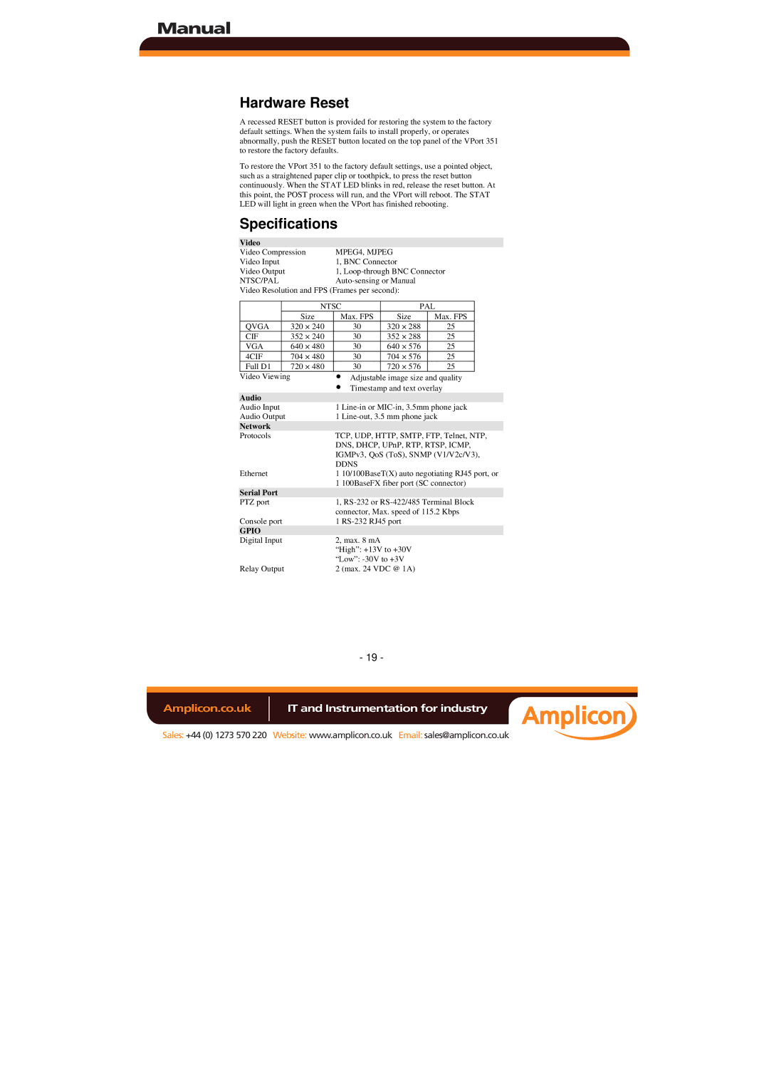 Moxa Technologies 351 manual Hardware Reset, Specifications 