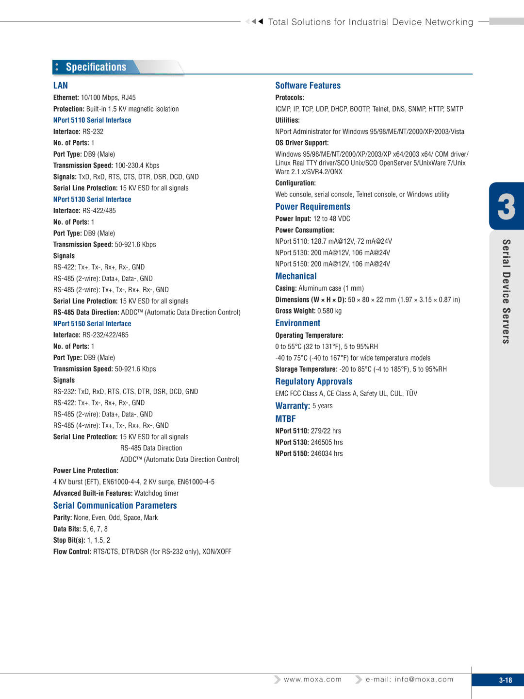 Moxa Technologies 5100 warranty Specifications 