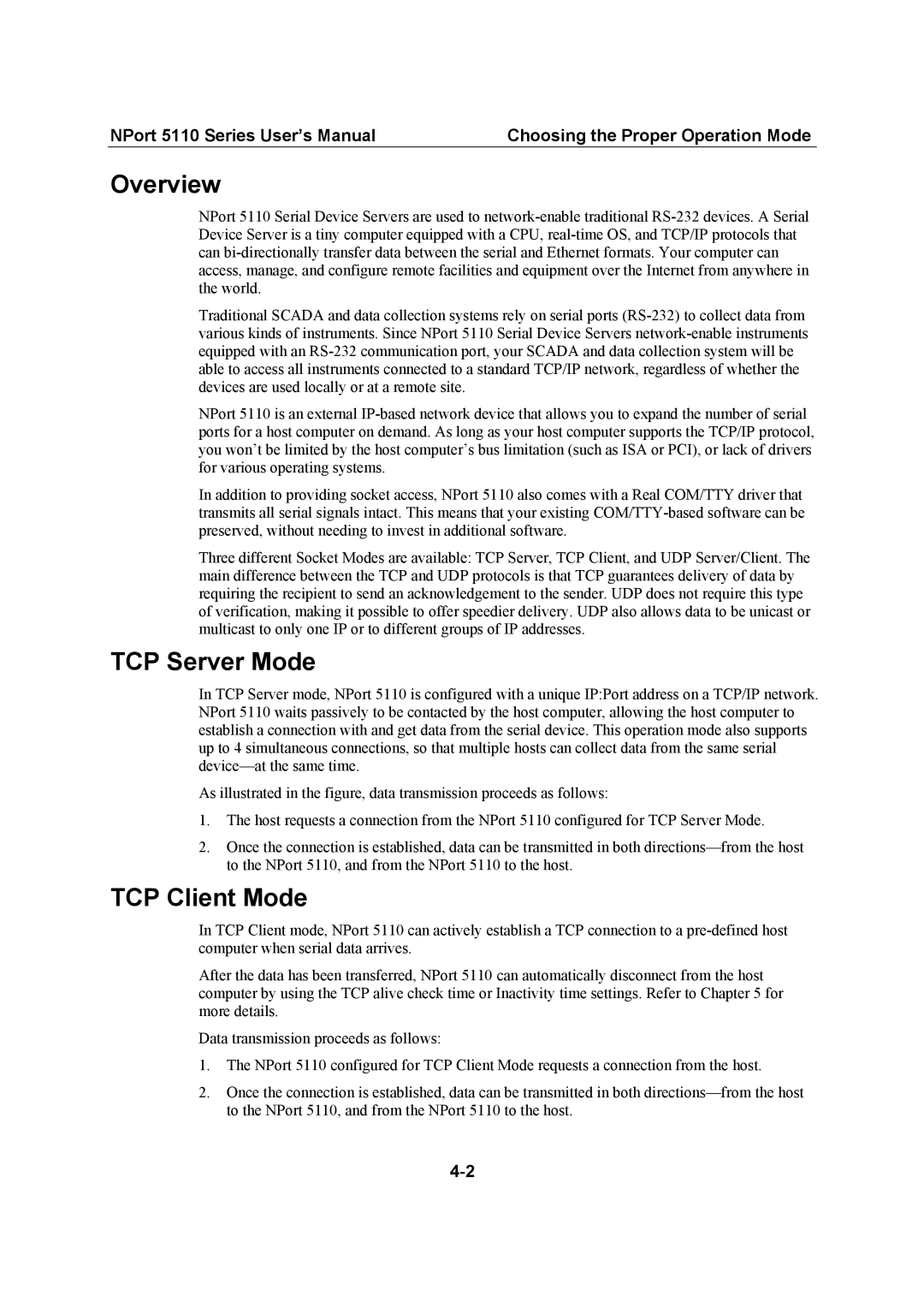 Moxa Technologies 5110 Series user manual TCP Server Mode, TCP Client Mode 