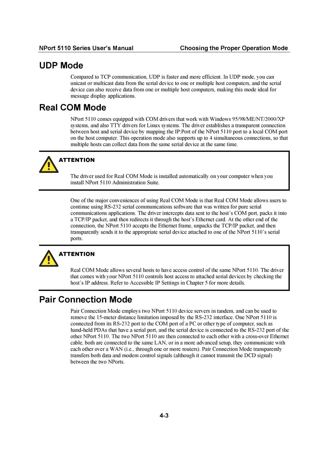 Moxa Technologies 5110 Series user manual UDP Mode, Real COM Mode, Pair Connection Mode 