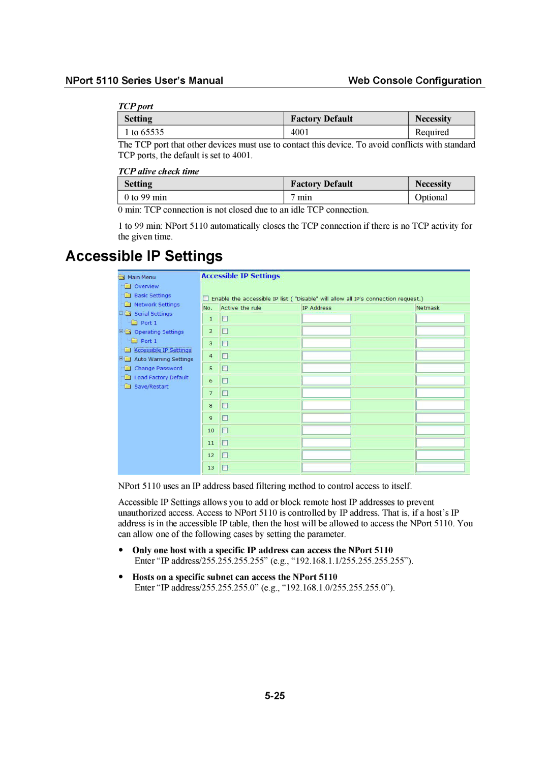 Moxa Technologies 5110 Series user manual Accessible IP Settings, TCP port Setting Factory Default Necessity 4001 Required 