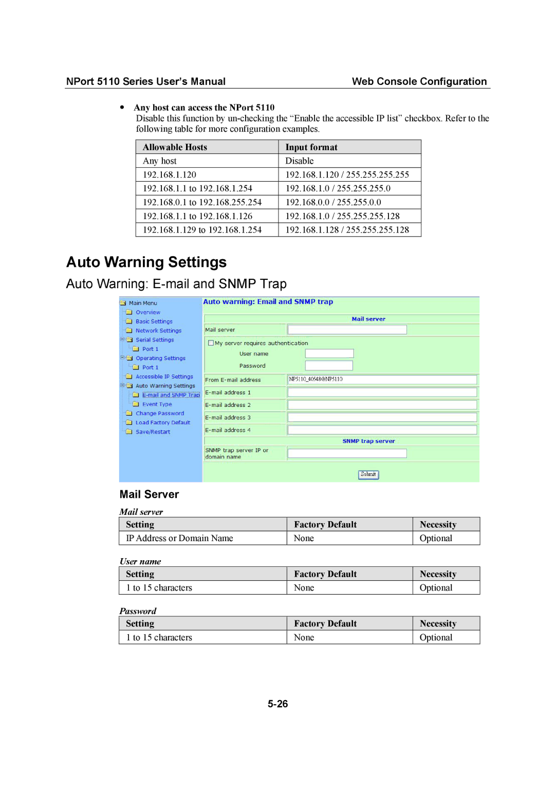 Moxa Technologies 5110 Series user manual Auto Warning Settings, Auto Warning E-mail and Snmp Trap, Mail Server 