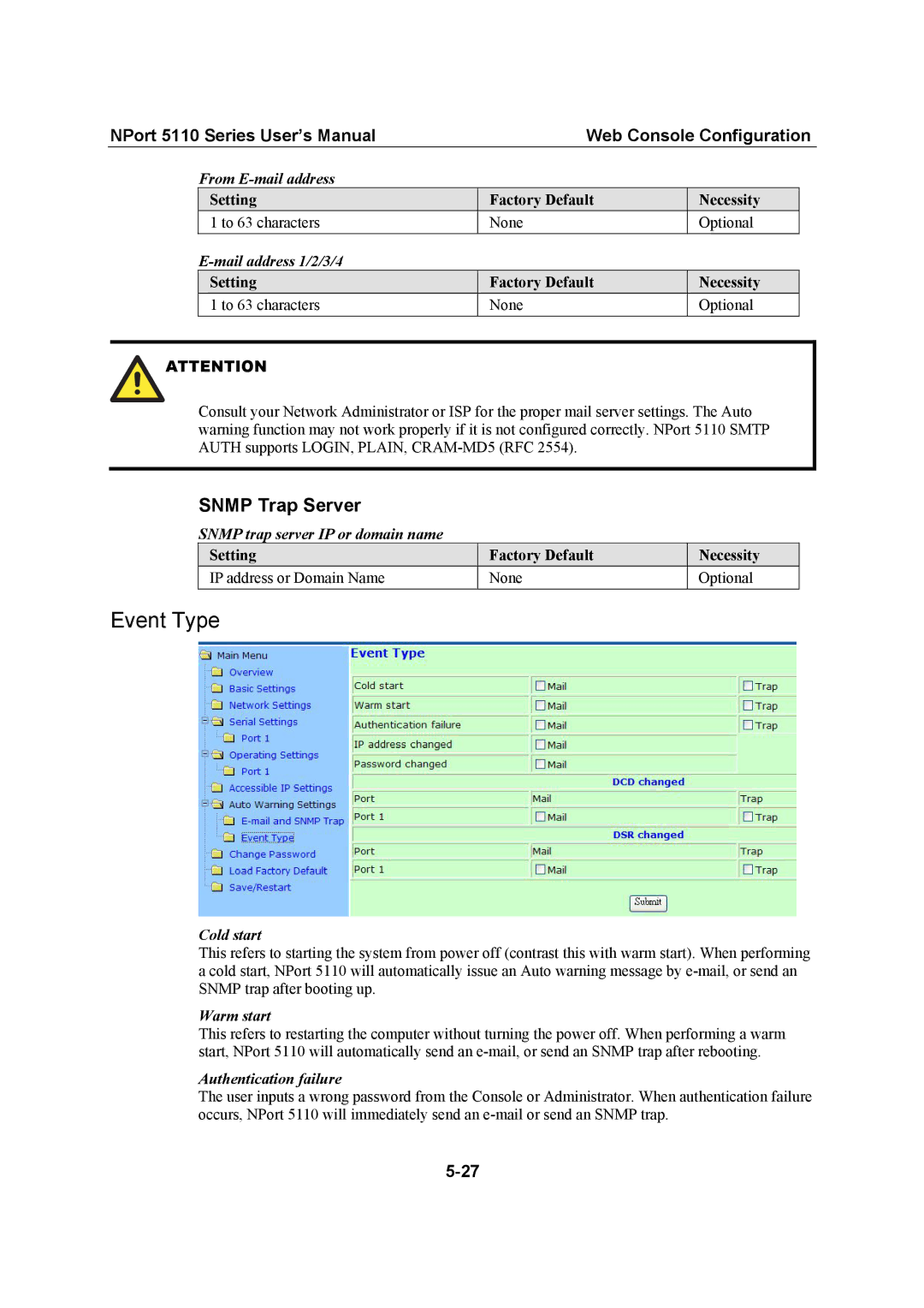 Moxa Technologies 5110 Series user manual Event Type, Snmp Trap Server 