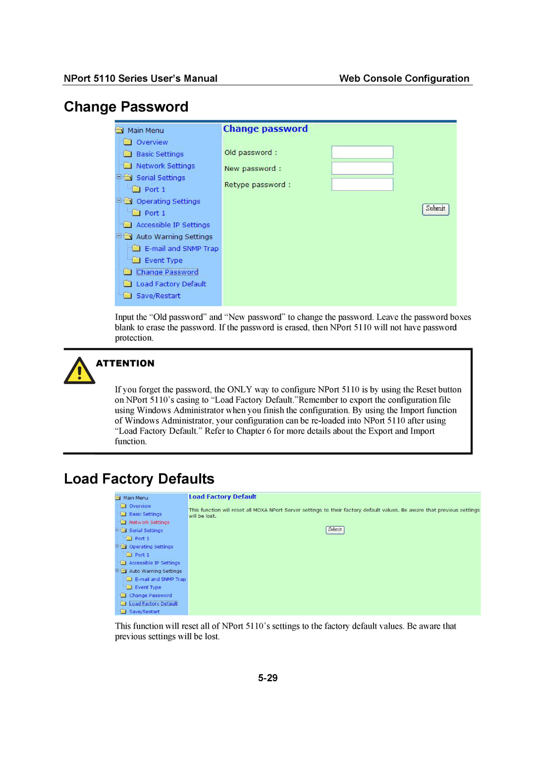 Moxa Technologies 5110 Series user manual Change Password, Load Factory Defaults 