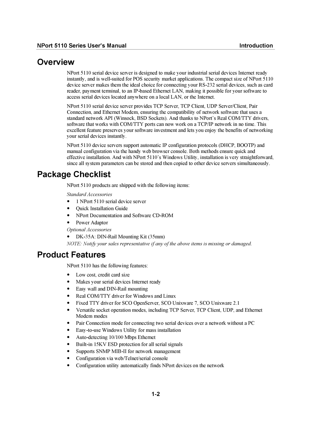 Moxa Technologies 5110 Series user manual Overview, Package Checklist, Product Features 