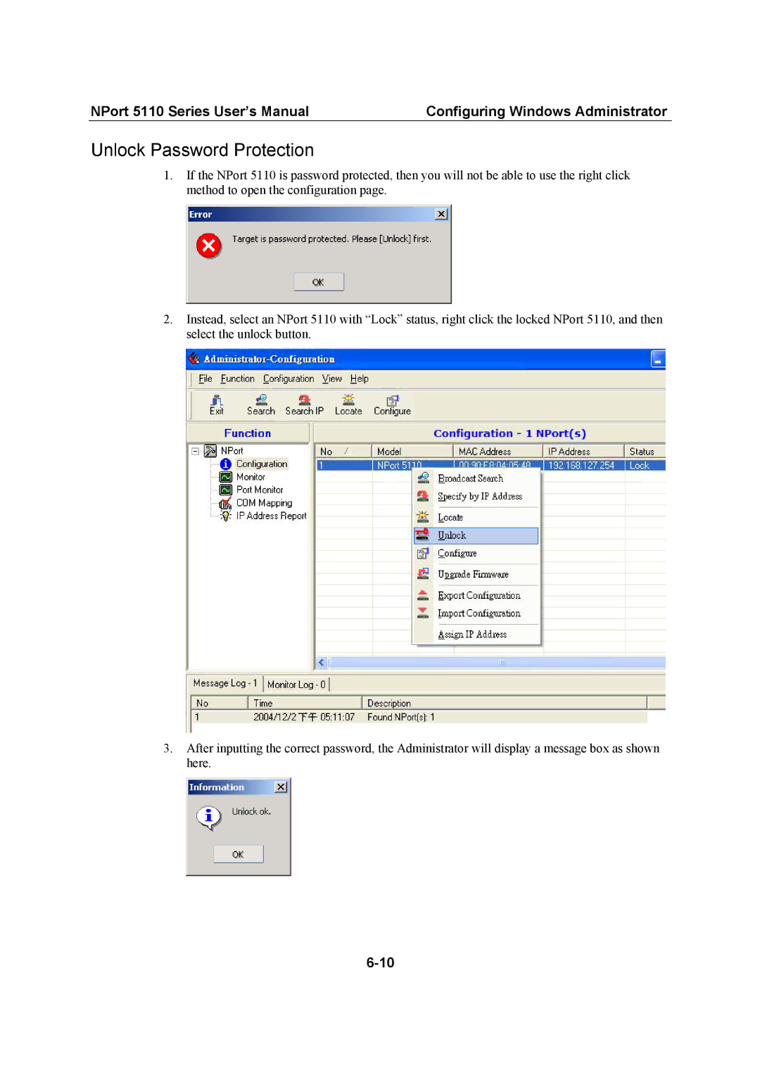 Moxa Technologies 5110 Series user manual Unlock Password Protection 