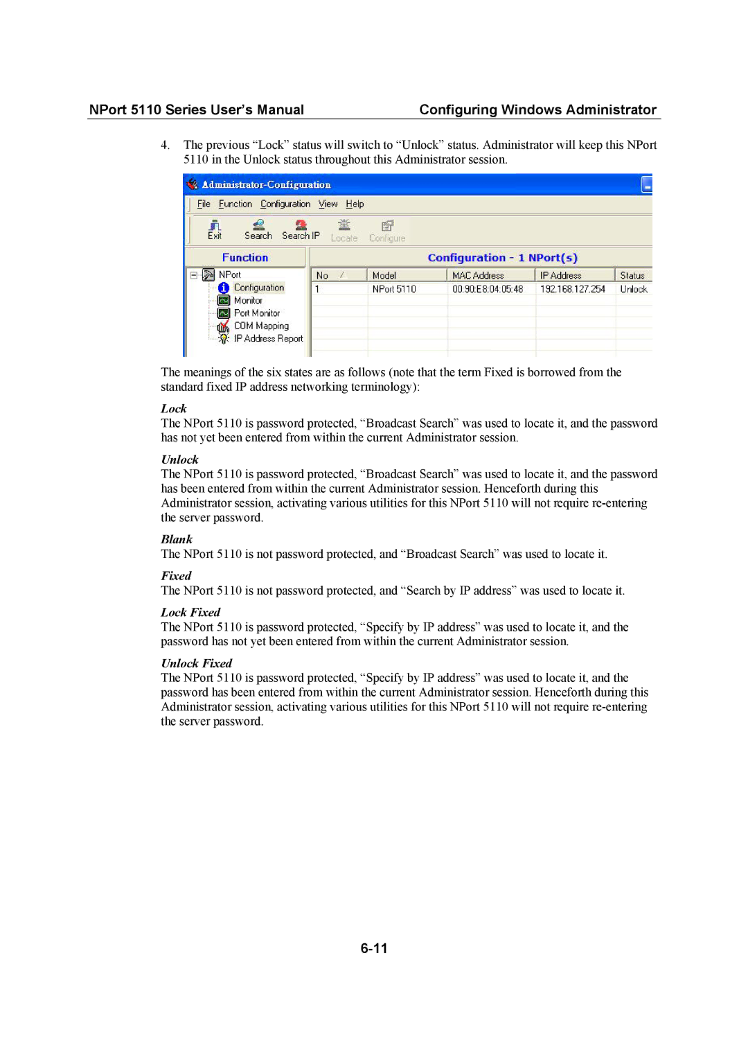 Moxa Technologies 5110 Series user manual Blank, Lock Fixed, Unlock Fixed 