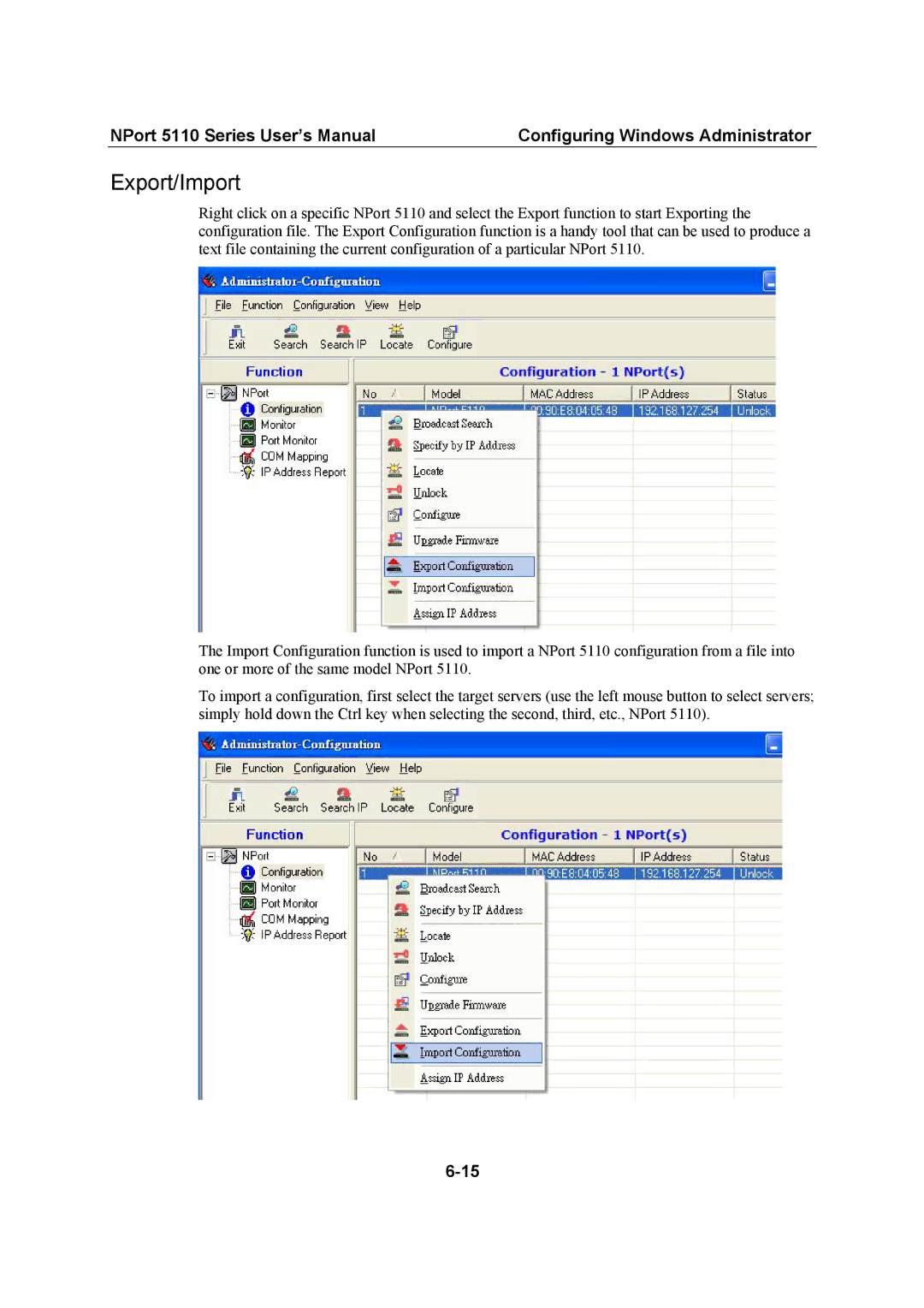 Moxa Technologies 5110 Series user manual Export/Import 