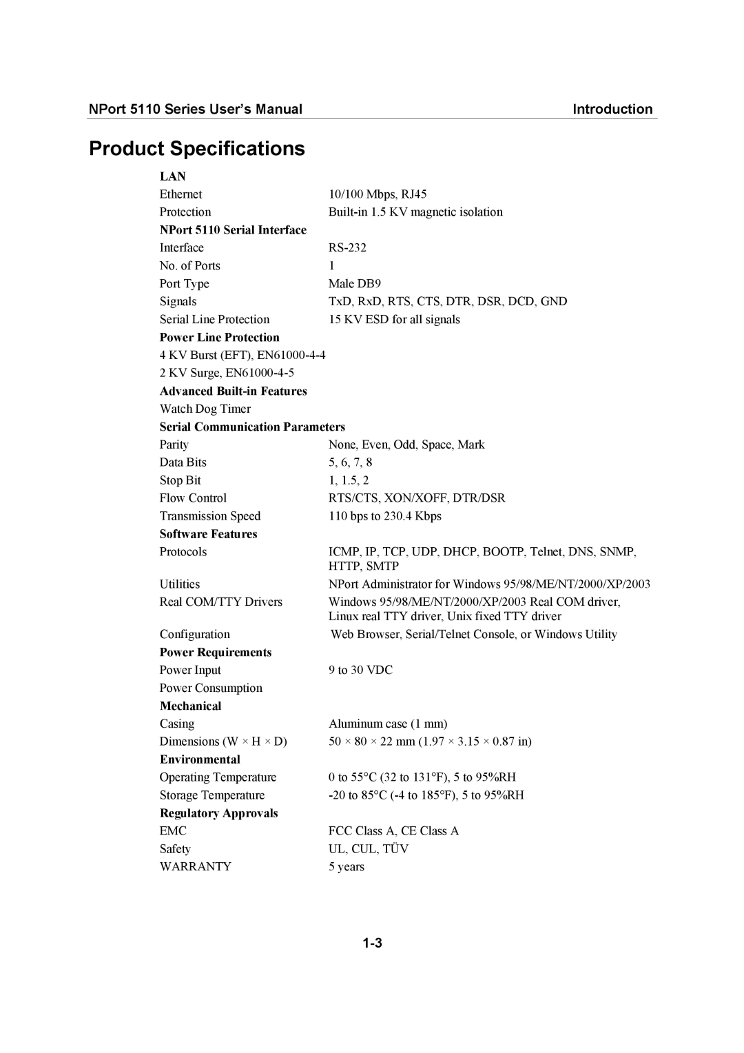 Moxa Technologies 5110 Series user manual Product Specifications 