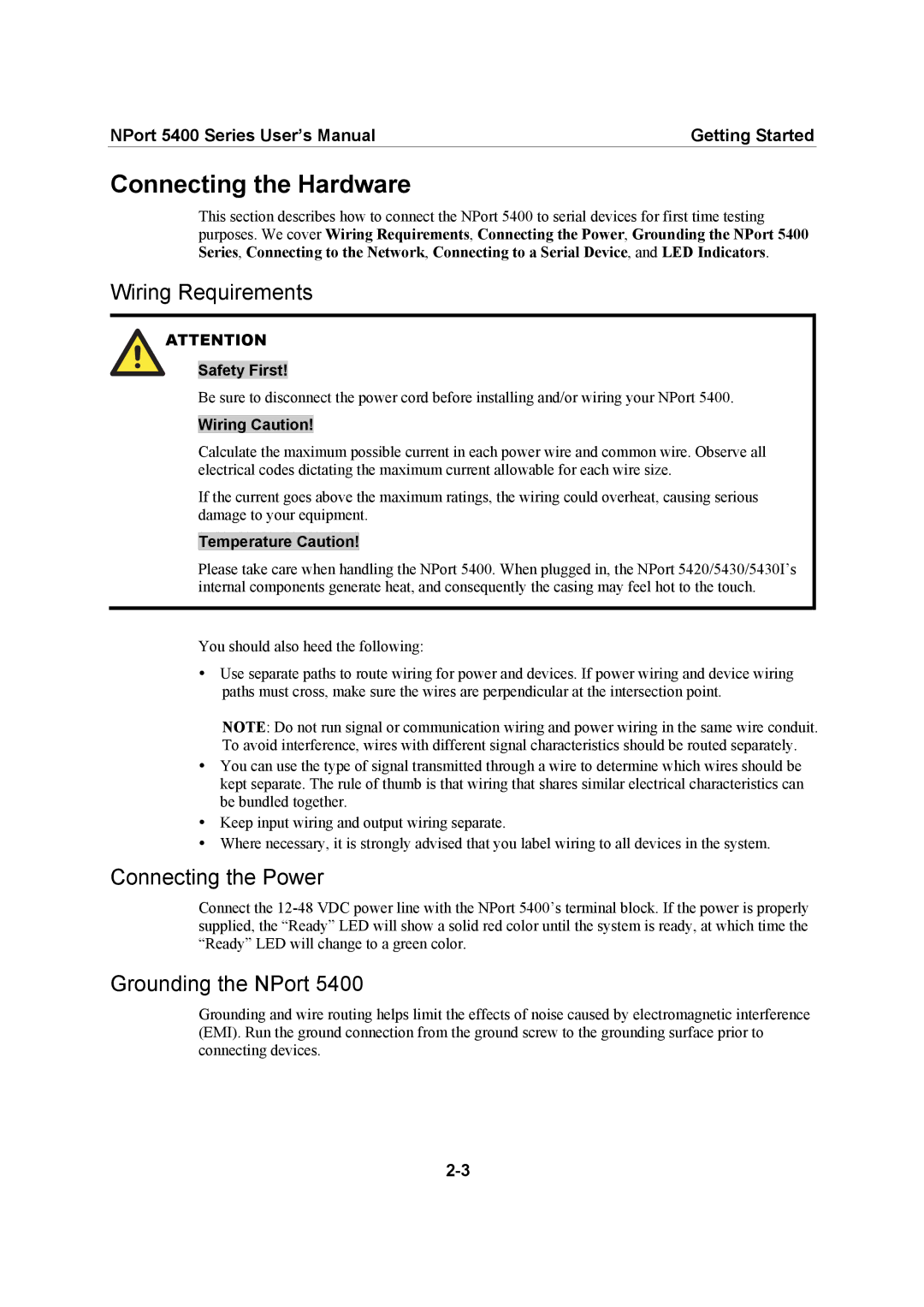 Moxa Technologies 5400 Series Connecting the Hardware, Wiring Requirements, Connecting the Power, Grounding the NPort 