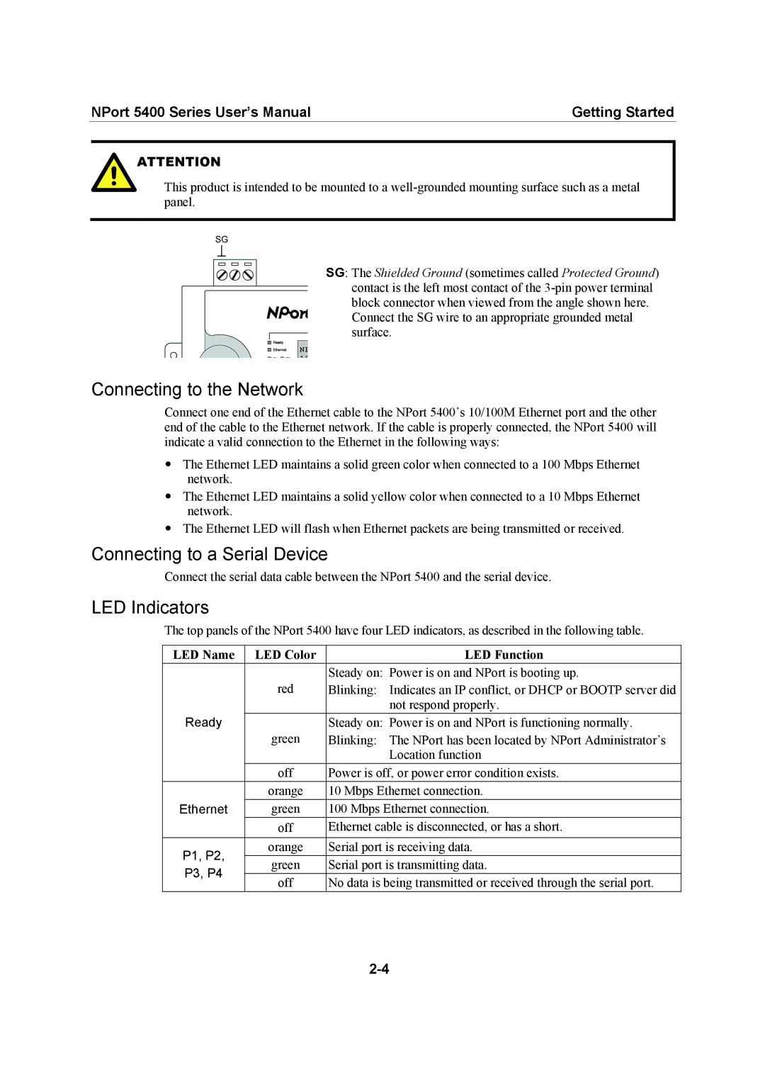 Moxa Technologies 5400 Series user manual Connecting to the Network, Connecting to a Serial Device, LED Indicators 