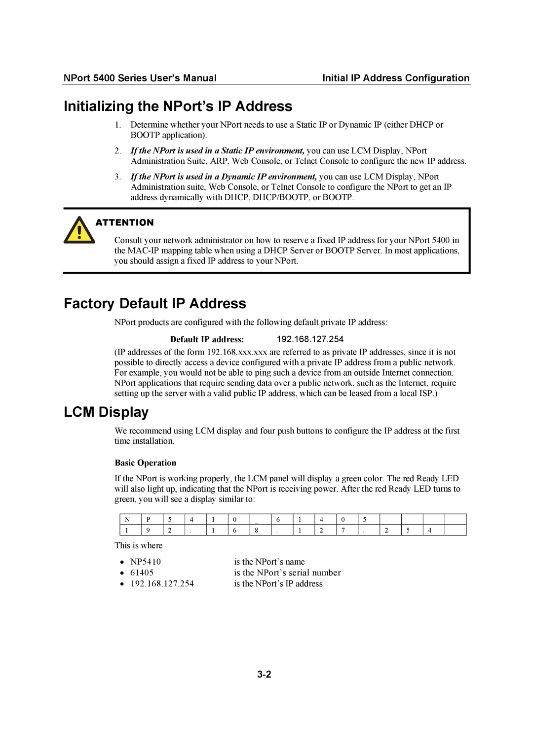 Moxa Technologies 5400 Series user manual Initializing the NPort’s IP Address, Factory Default IP Address, LCM Display 