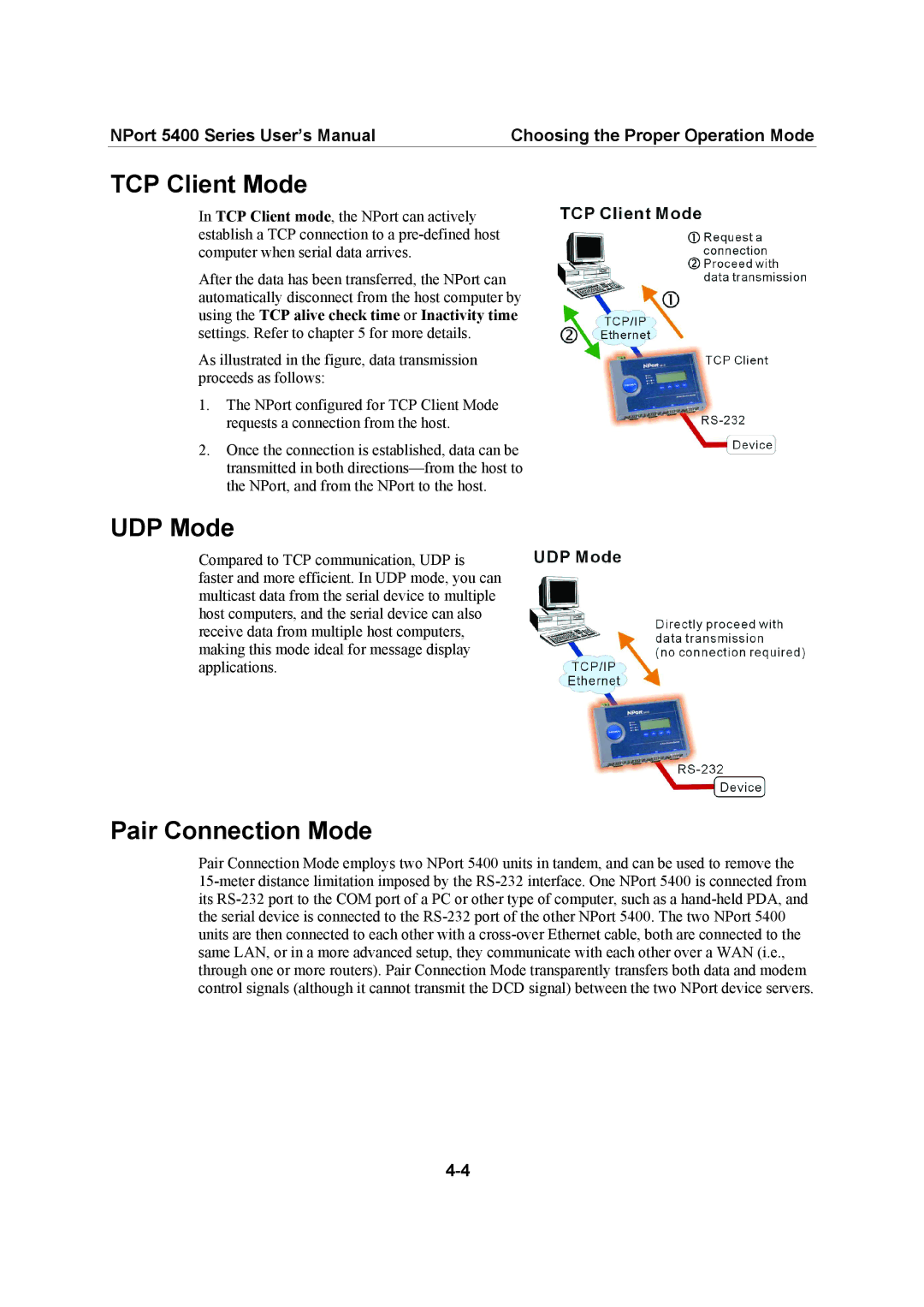 Moxa Technologies 5400 Series user manual TCP Client Mode, UDP Mode, Pair Connection Mode 