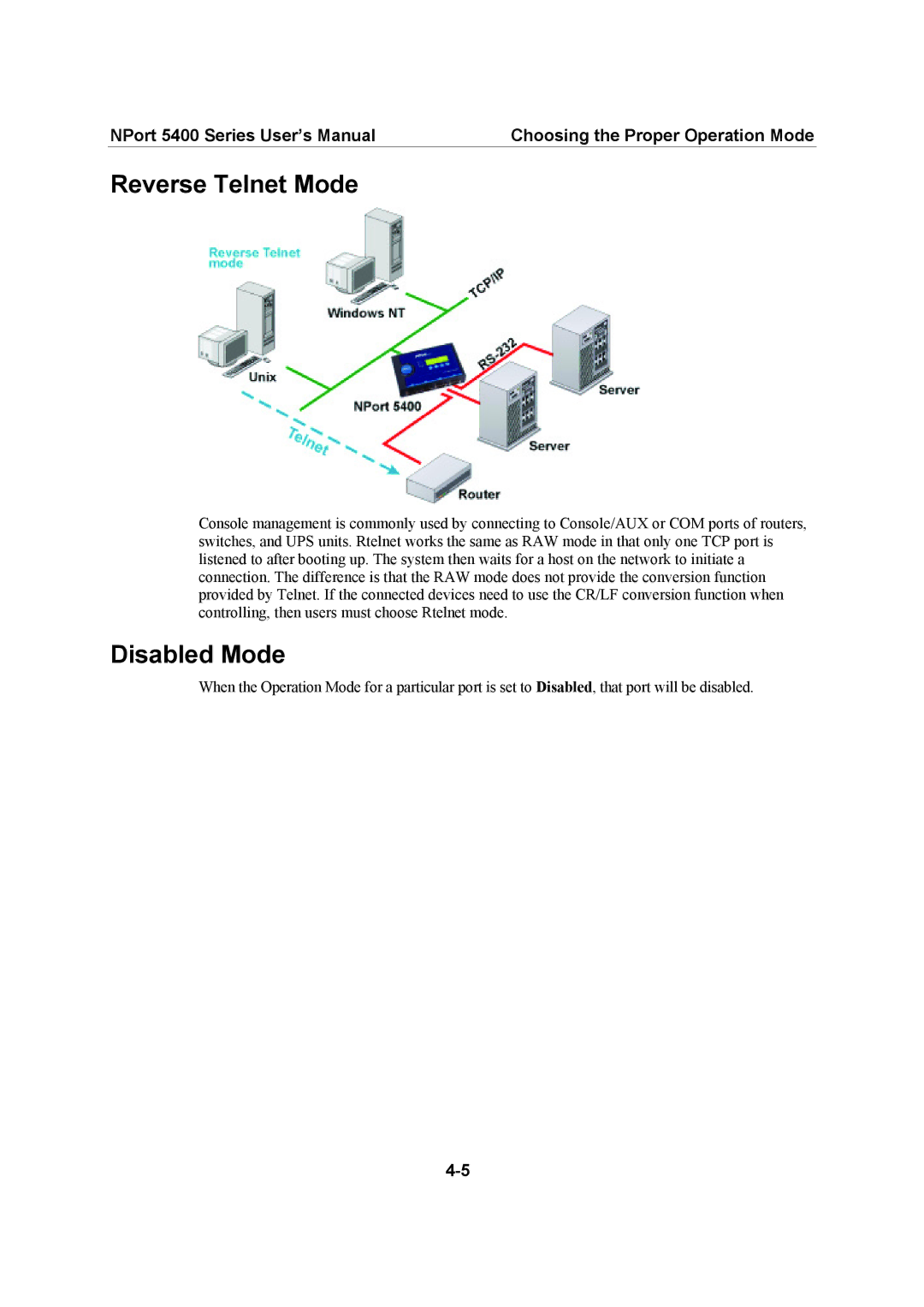 Moxa Technologies 5400 Series user manual Reverse Telnet Mode, Disabled Mode 