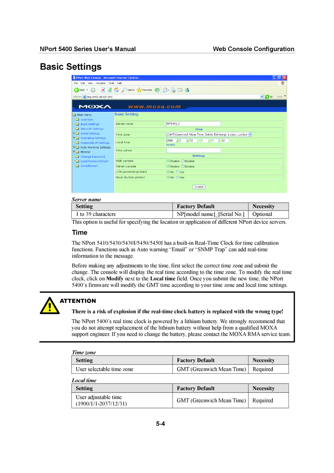 Moxa Technologies 5400 Series user manual Basic Settings, Server name, Time zone, Local time 