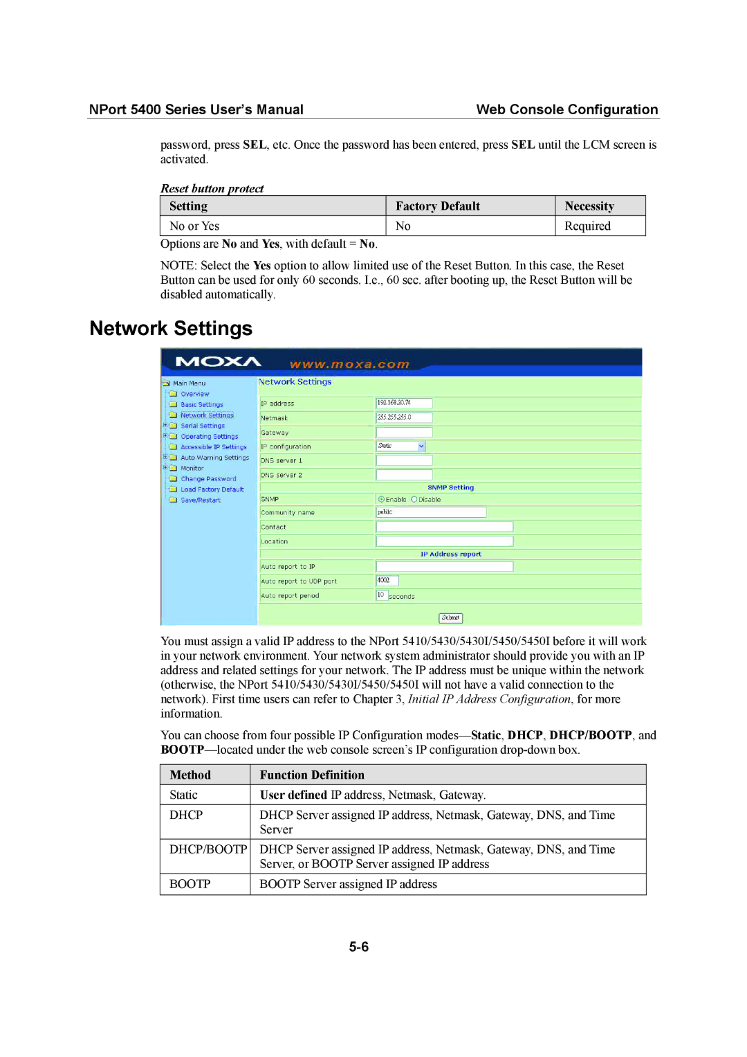 Moxa Technologies 5400 Series user manual Network Settings, Reset button protect, Method Function Definition 