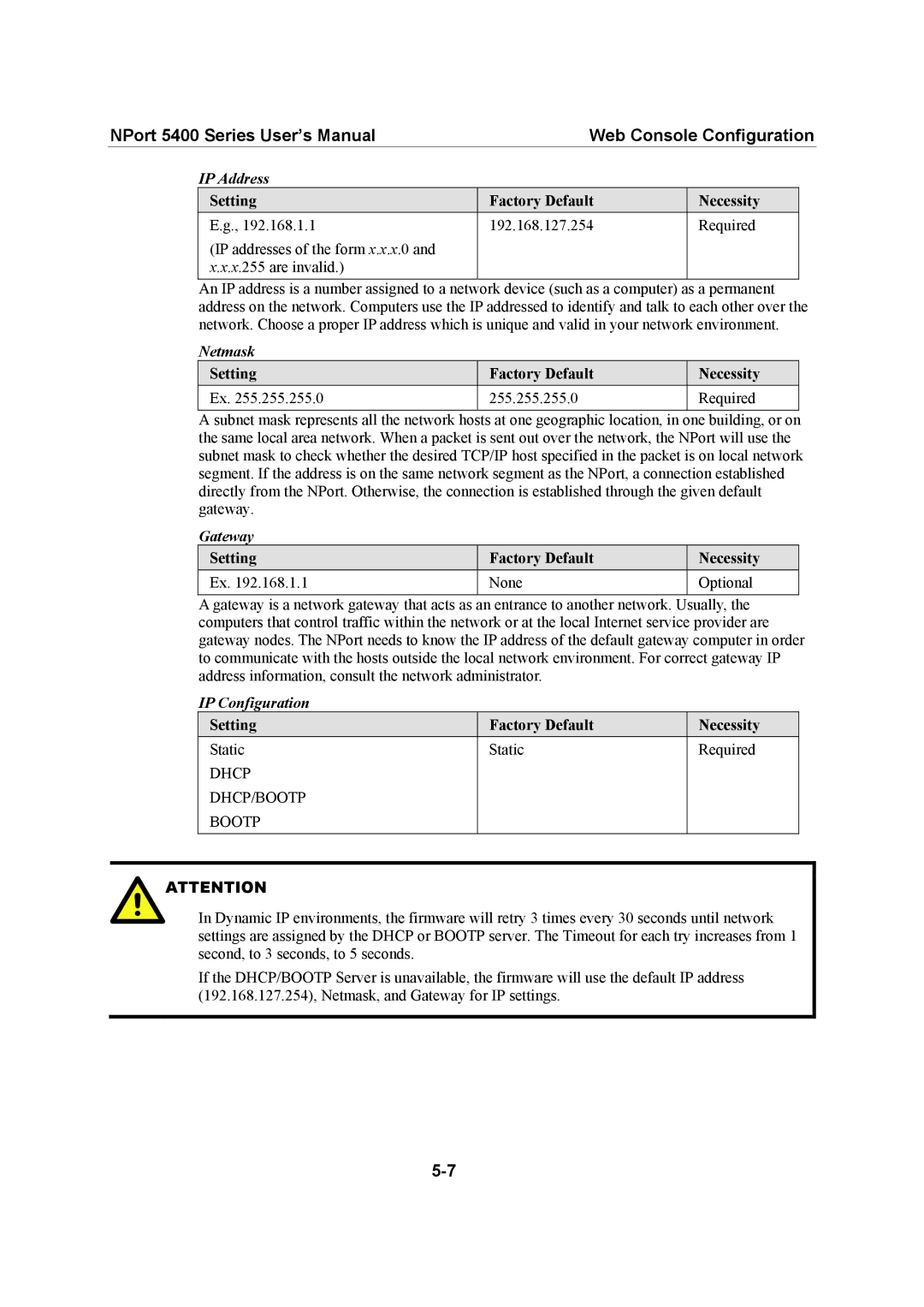 Moxa Technologies 5400 Series user manual IP Address, Netmask, Gateway, IP Configuration 