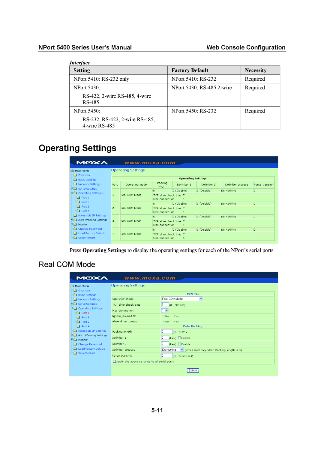 Moxa Technologies 5400 Series user manual Operating Settings, Real COM Mode, Interface 