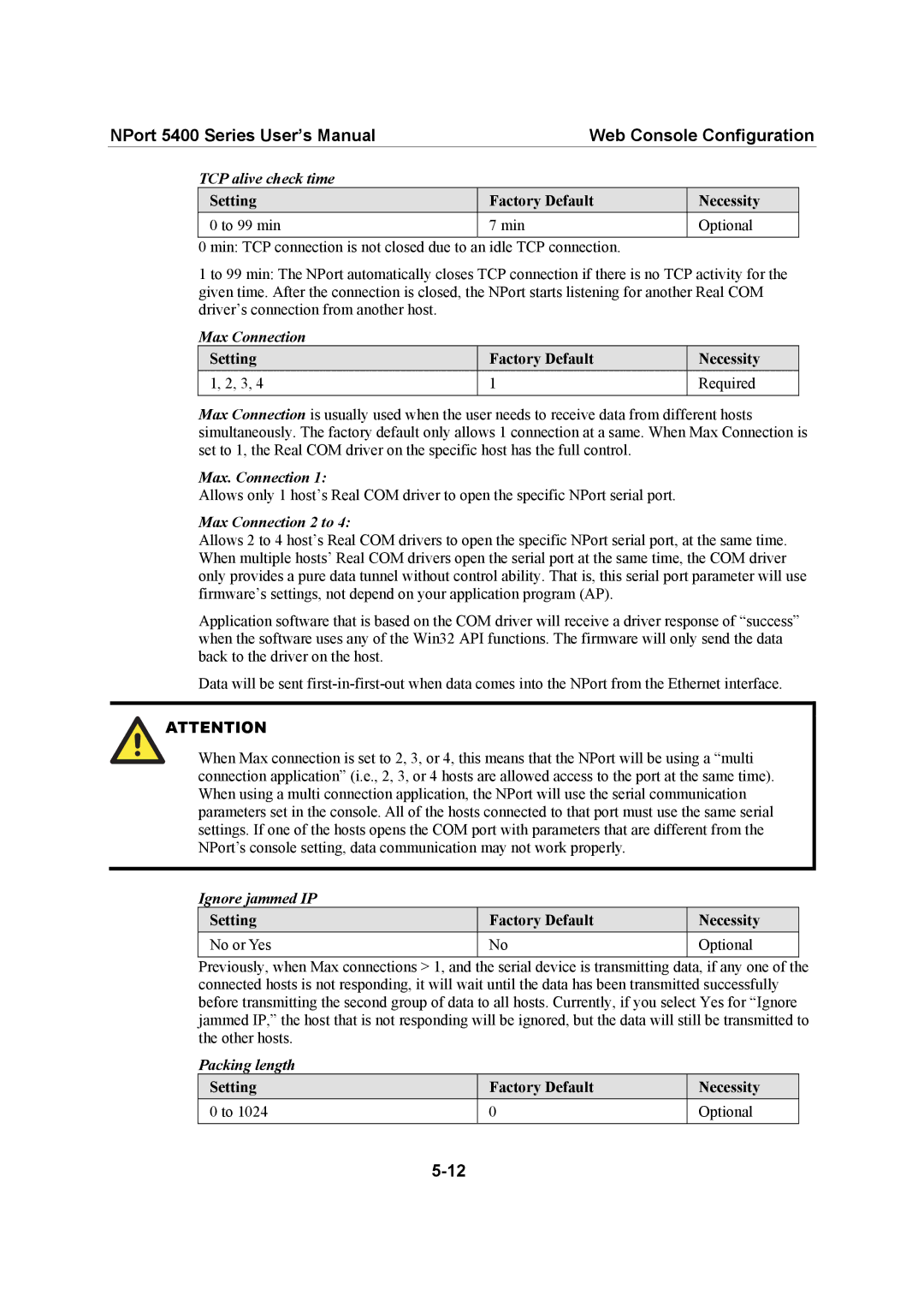 Moxa Technologies 5400 Series user manual Max. Connection, Max Connection 2 to, Ignore jammed IP, Packing length 