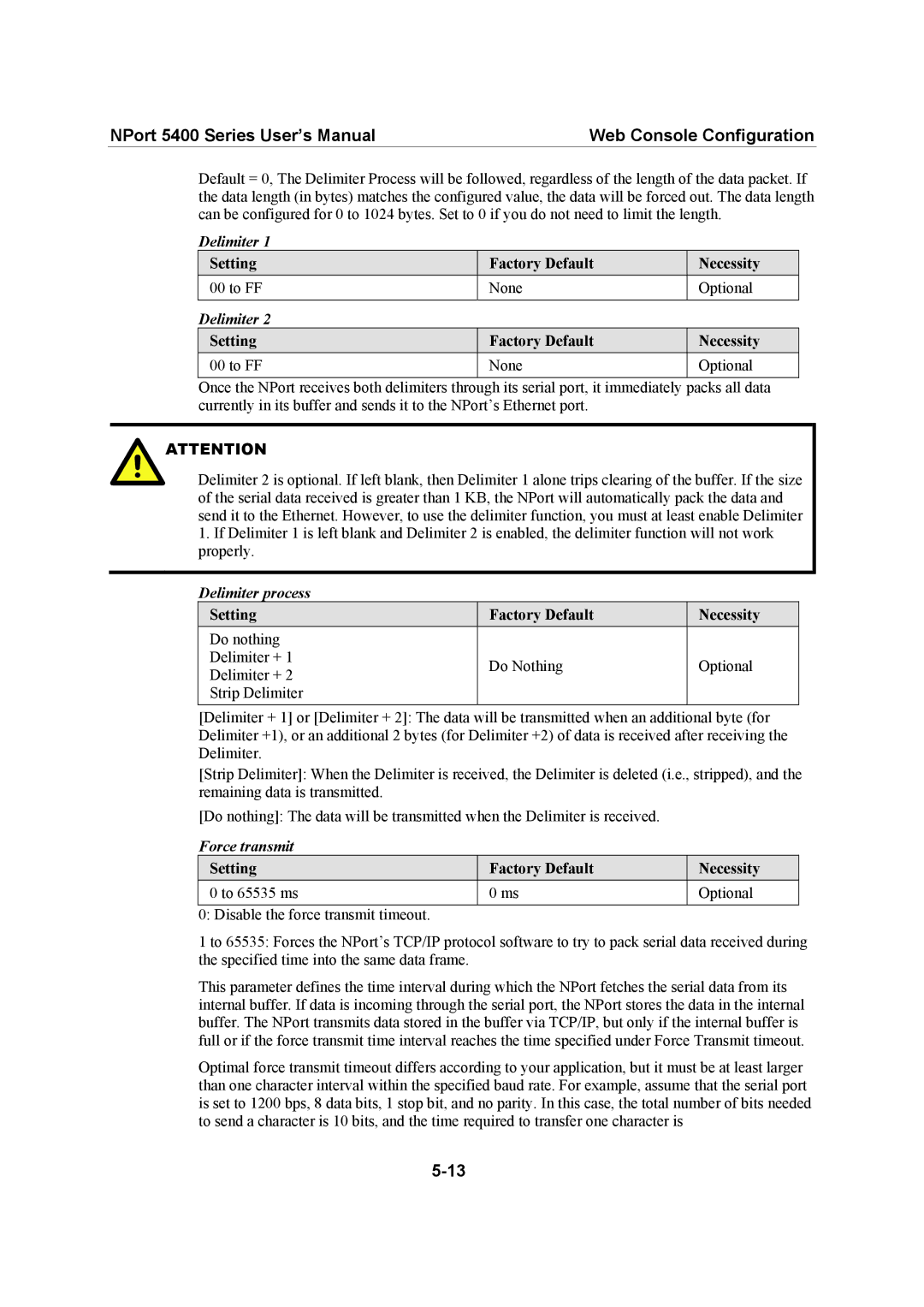 Moxa Technologies 5400 Series Setting Factory Default Necessity To FF None Optional, Delimiter process, Force transmit 