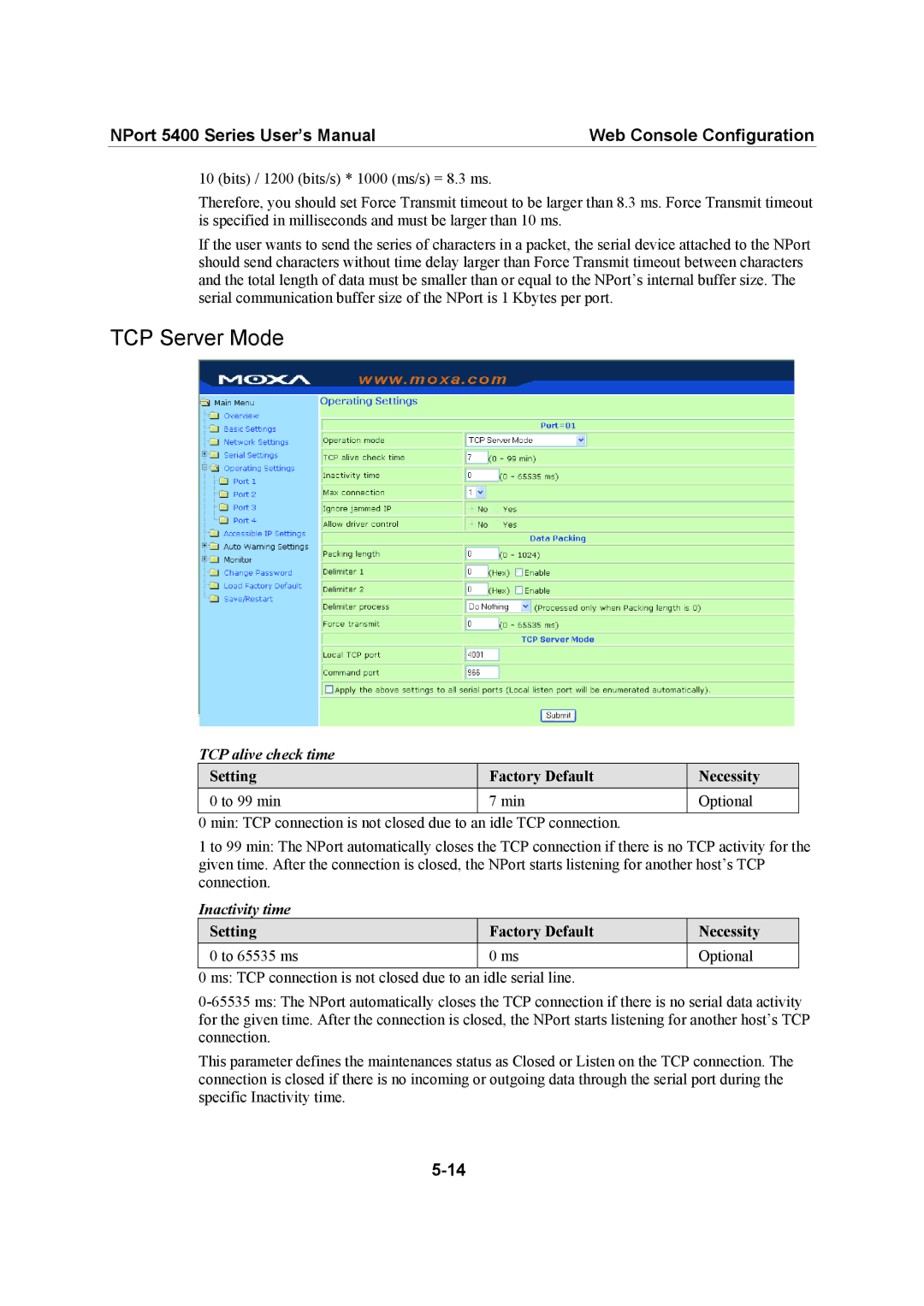 Moxa Technologies 5400 Series user manual TCP Server Mode, TCP alive check time, Inactivity time 