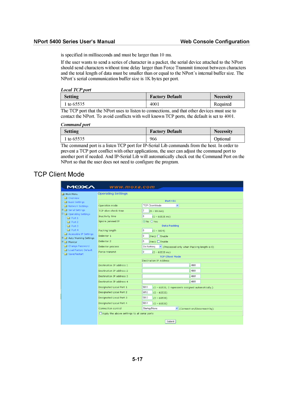 Moxa Technologies 5400 Series user manual TCP Client Mode, Local TCP port, Setting Factory Default Necessity 4001 Required 