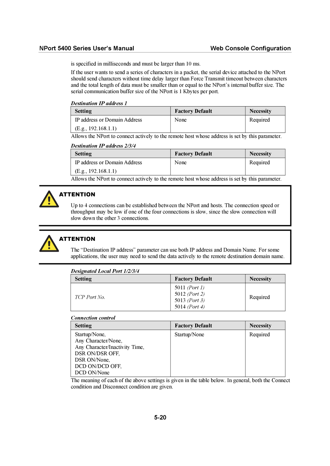 Moxa Technologies 5400 Series Destination IP address 2/3/4, Designated Local Port 1/2/3/4, Connection control 