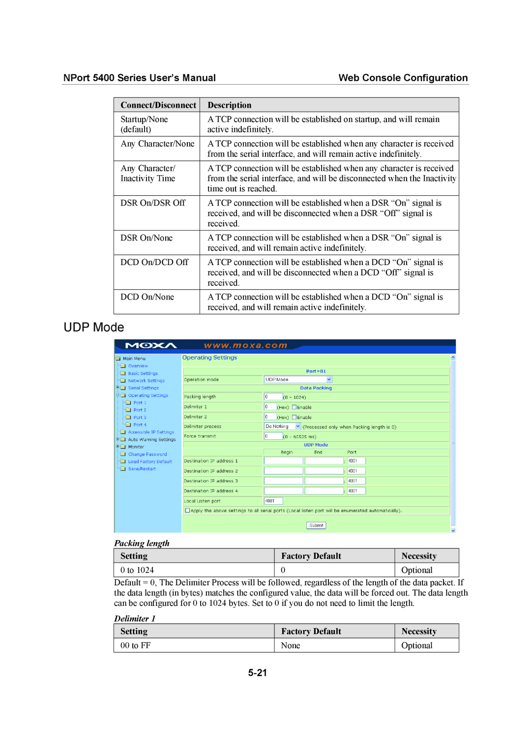 Moxa Technologies 5400 Series user manual UDP Mode, Connect/Disconnect Description 