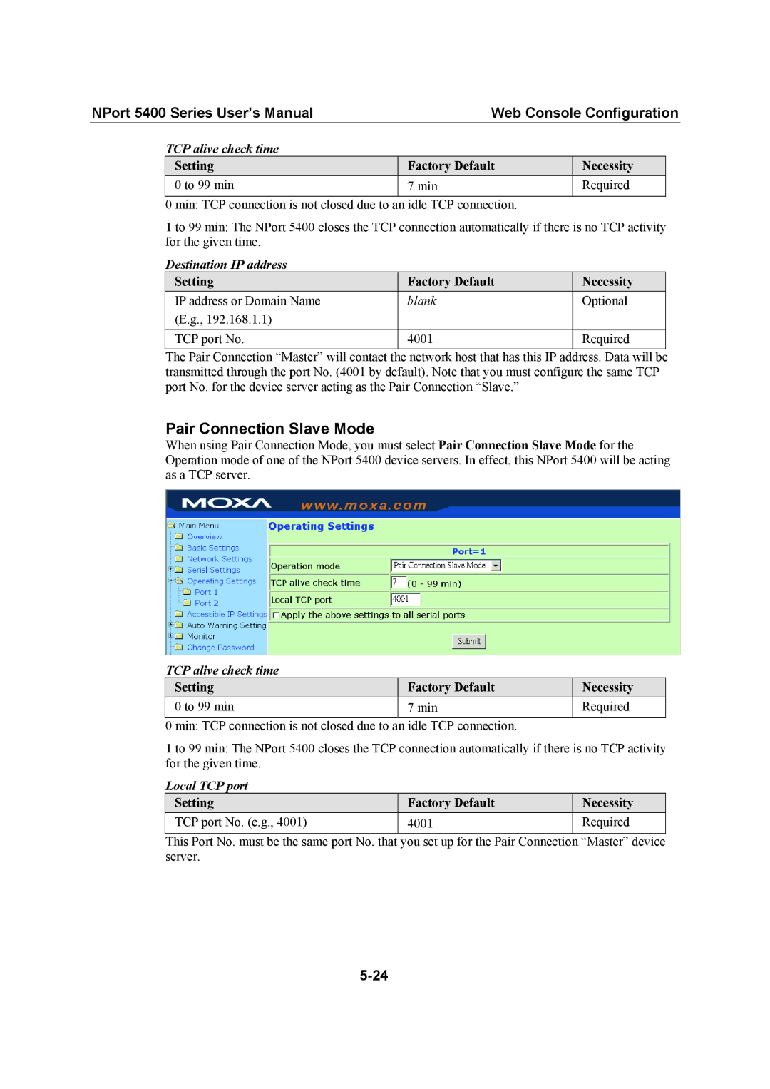 Moxa Technologies 5400 Series Pair Connection Slave Mode, Setting Factory Default Necessity To 99 min Min Required 