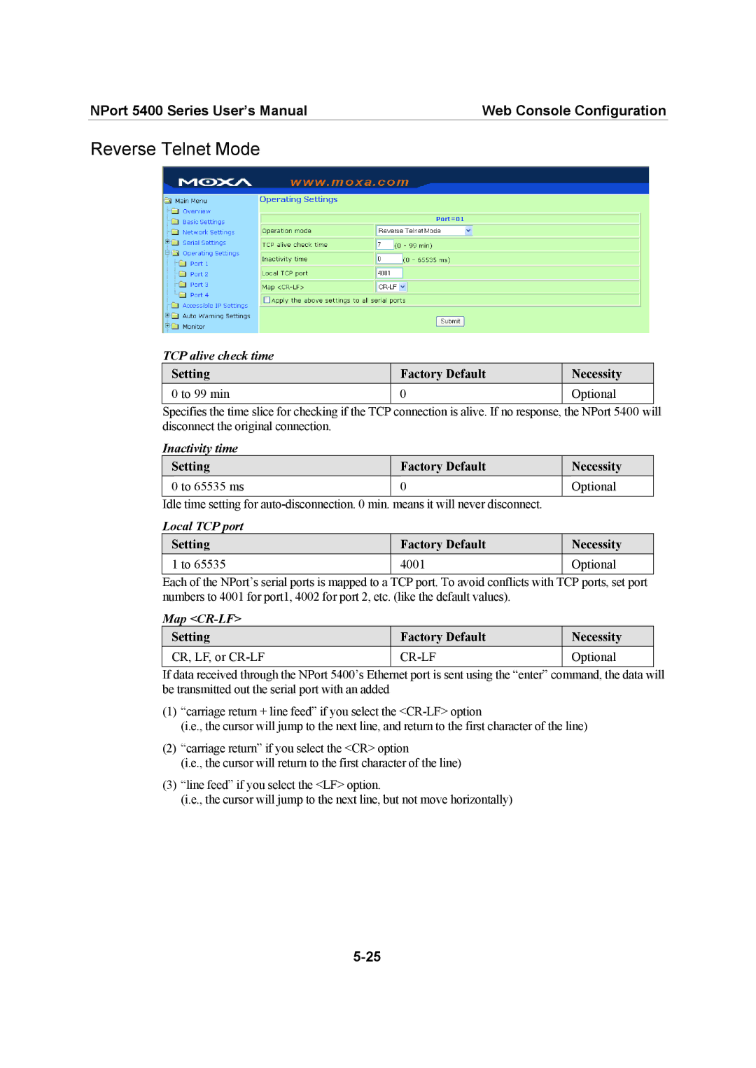 Moxa Technologies 5400 Series Reverse Telnet Mode, Setting Factory Default Necessity To 99 min Optional, Map CR-LF 