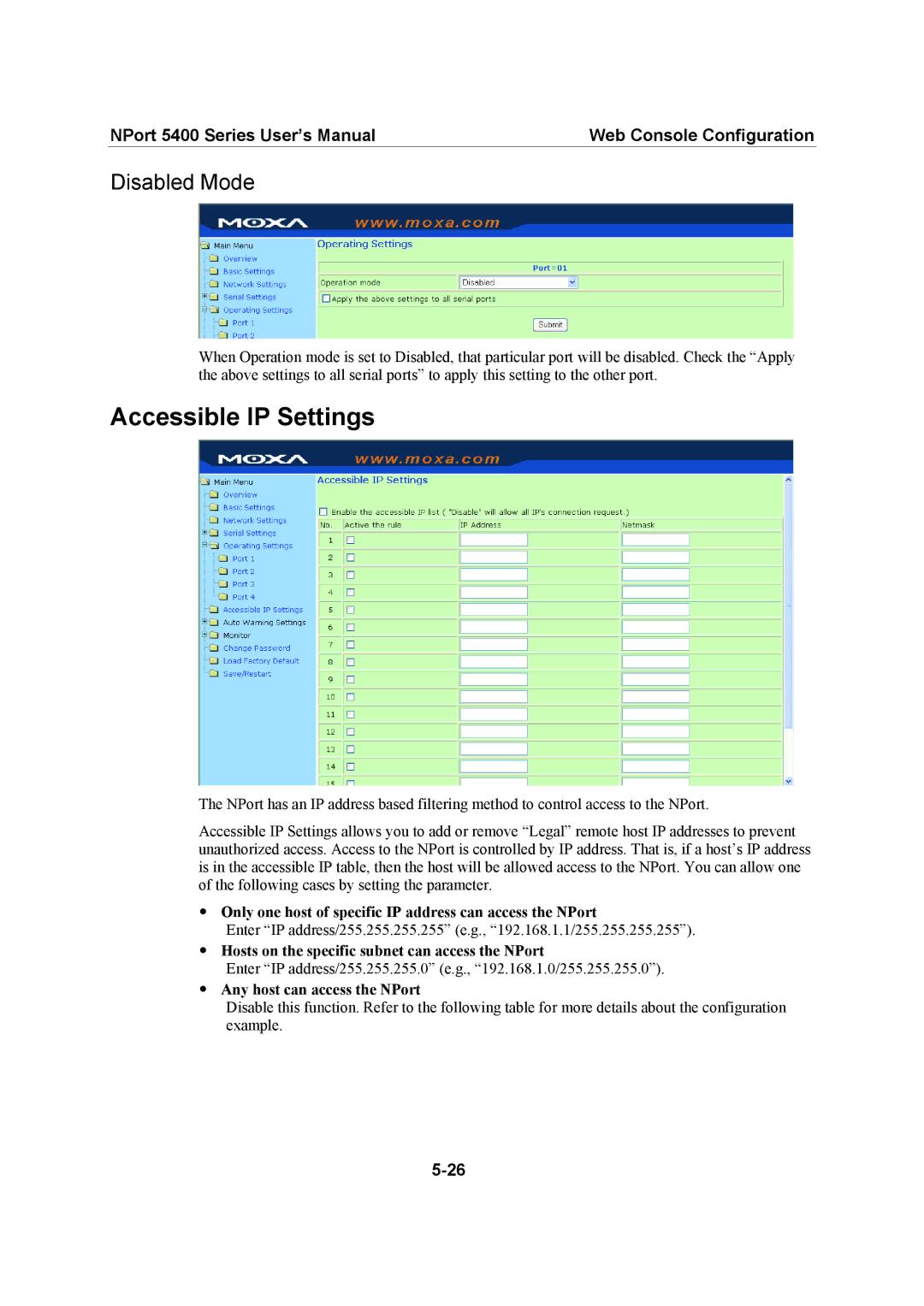 Moxa Technologies 5400 Series Accessible IP Settings, Disabled Mode, Hosts on the specific subnet can access the NPort 