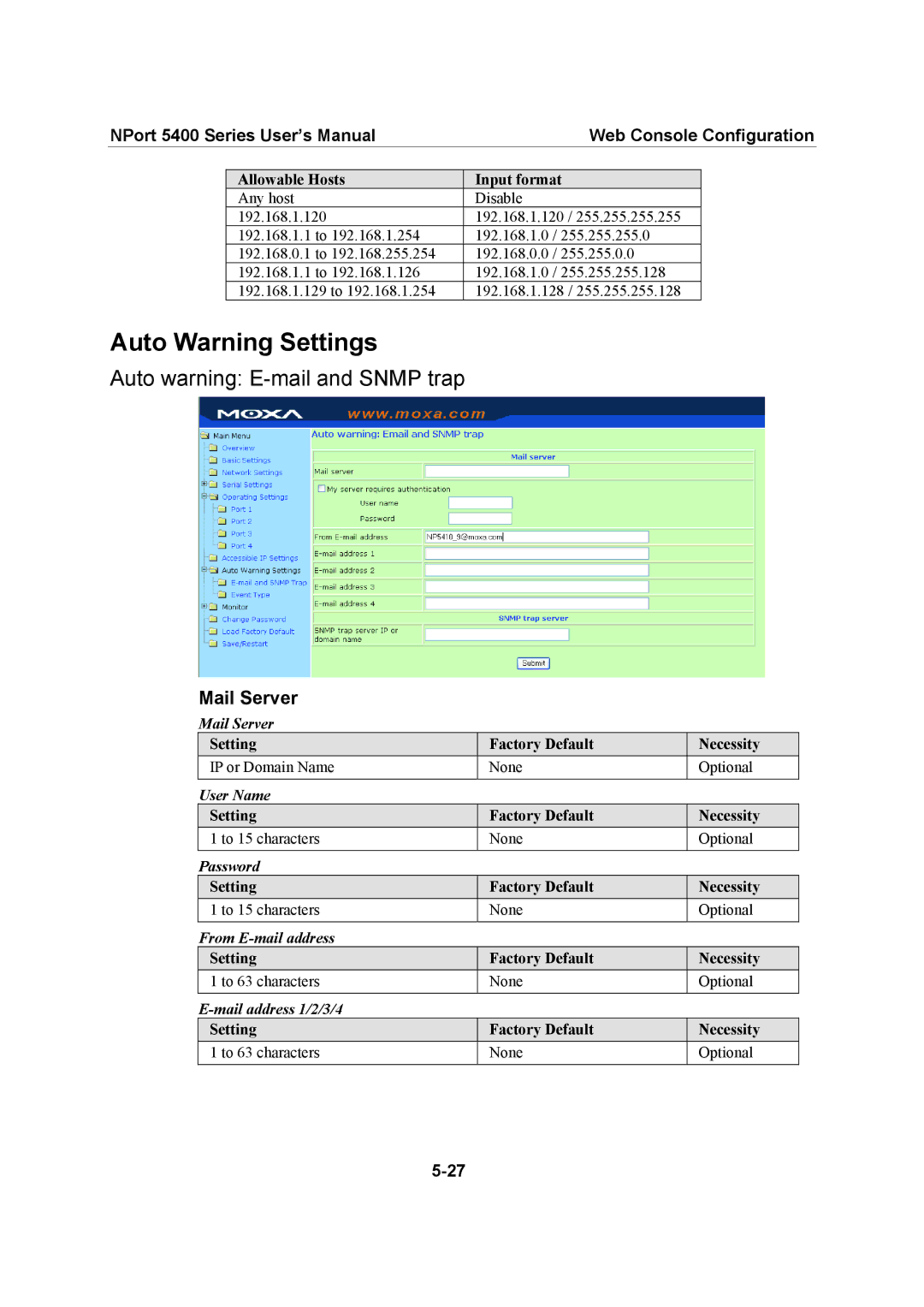 Moxa Technologies 5400 Series user manual Auto Warning Settings, Auto warning E-mail and Snmp trap, Mail Server 