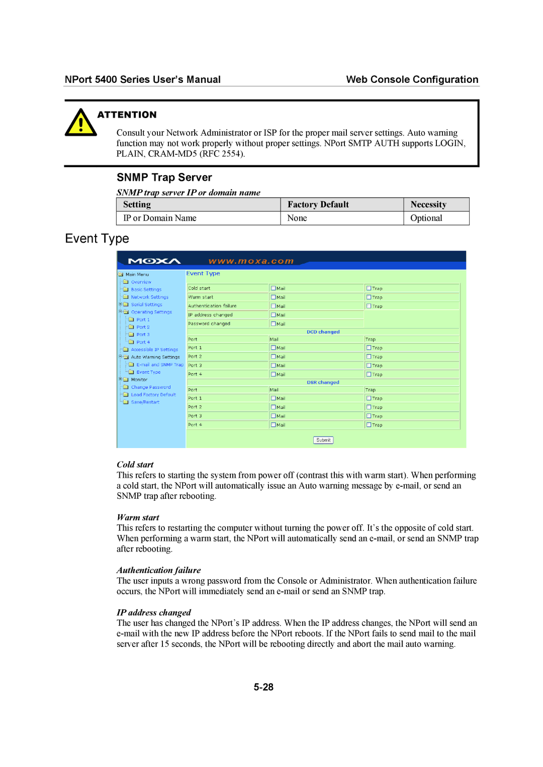 Moxa Technologies 5400 Series user manual Event Type, Snmp Trap Server 